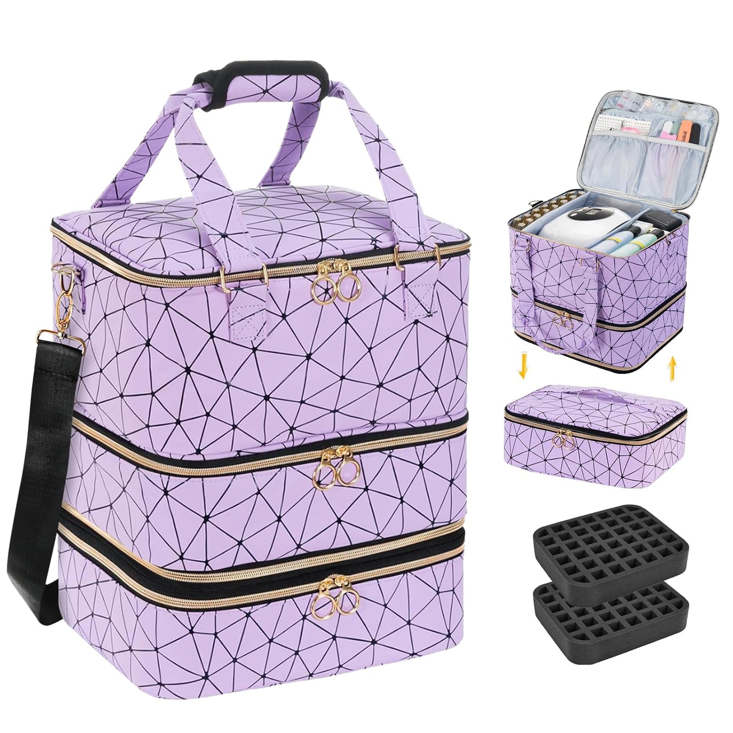 WflamaS 3-Layer Nail Polish Organizer Bag, Holds 84 Bottles and Lamp, Waterproof PU Leather Case with Reinforced Golden Zippers, Portable Nail Tech Travel Bag for Manicure Supplies
