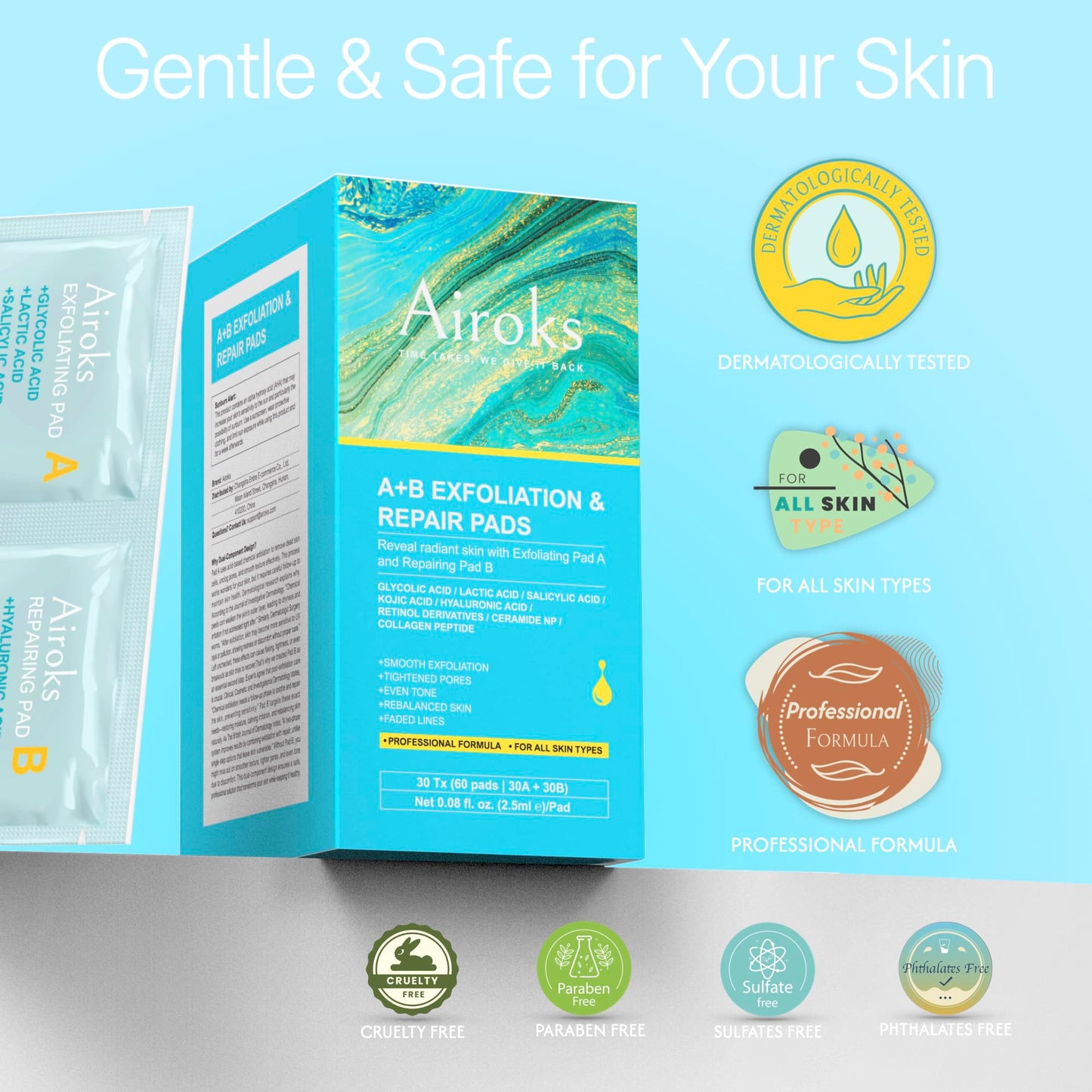 Airoks A+B Exfoliating & Repair Face Pads 30 Tx - 2-Step Acid Peel Serum Treatment with Glycolic, Salicylic, Kojic Acid & Retinol Hyaluronic Peptides for Smooth Skin, Pore Minimizer, Hyperpigmentation