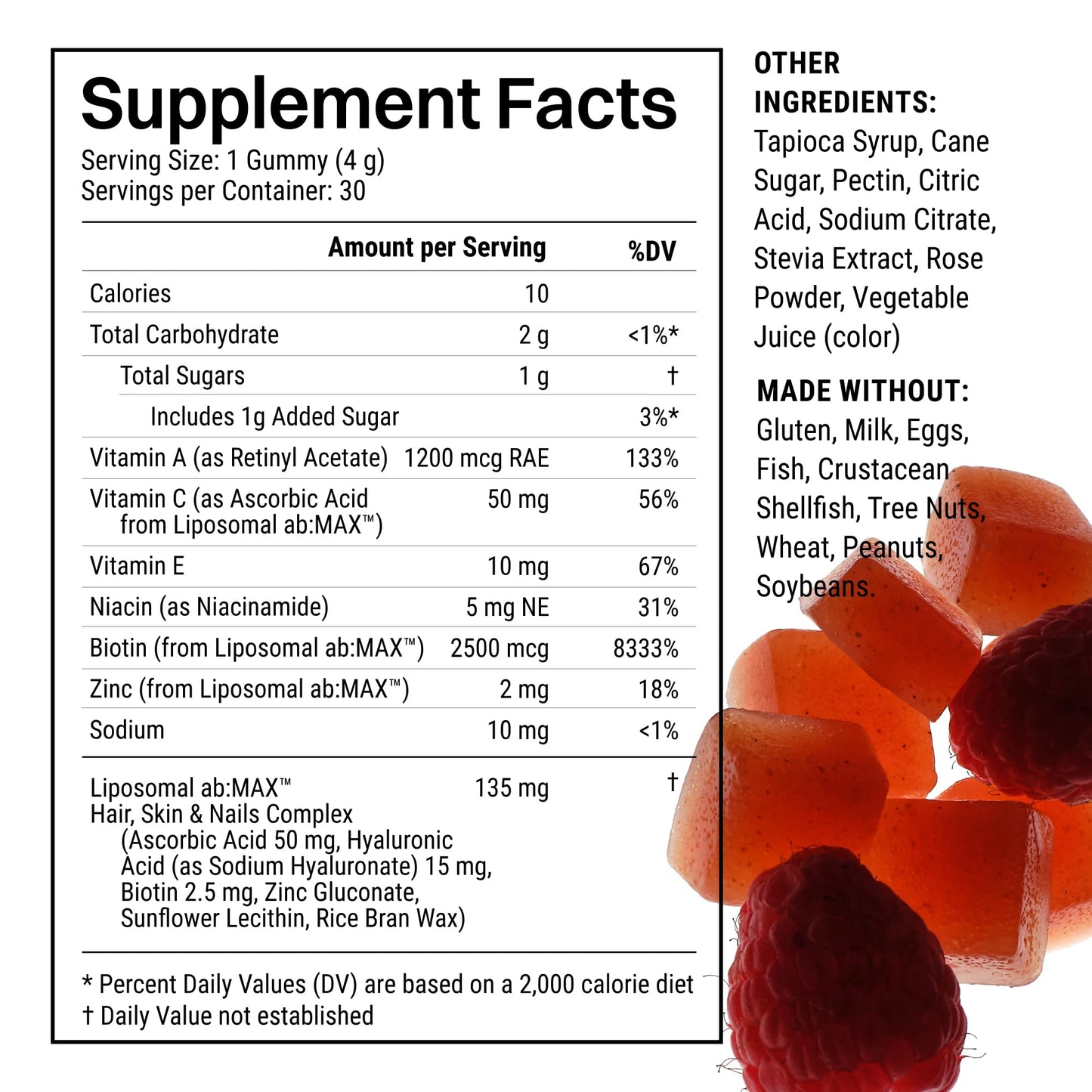 Haroutine Liposomal Hair, Skin & Nails Gummies, 2500 mcg Liposomal Biotin, 1200 mcg Vitamin A, 2 mg Vitamin E, Healthy Hair, Nail Strengthener, Skin Support - 30 Servings Raspberry Rose Flavor