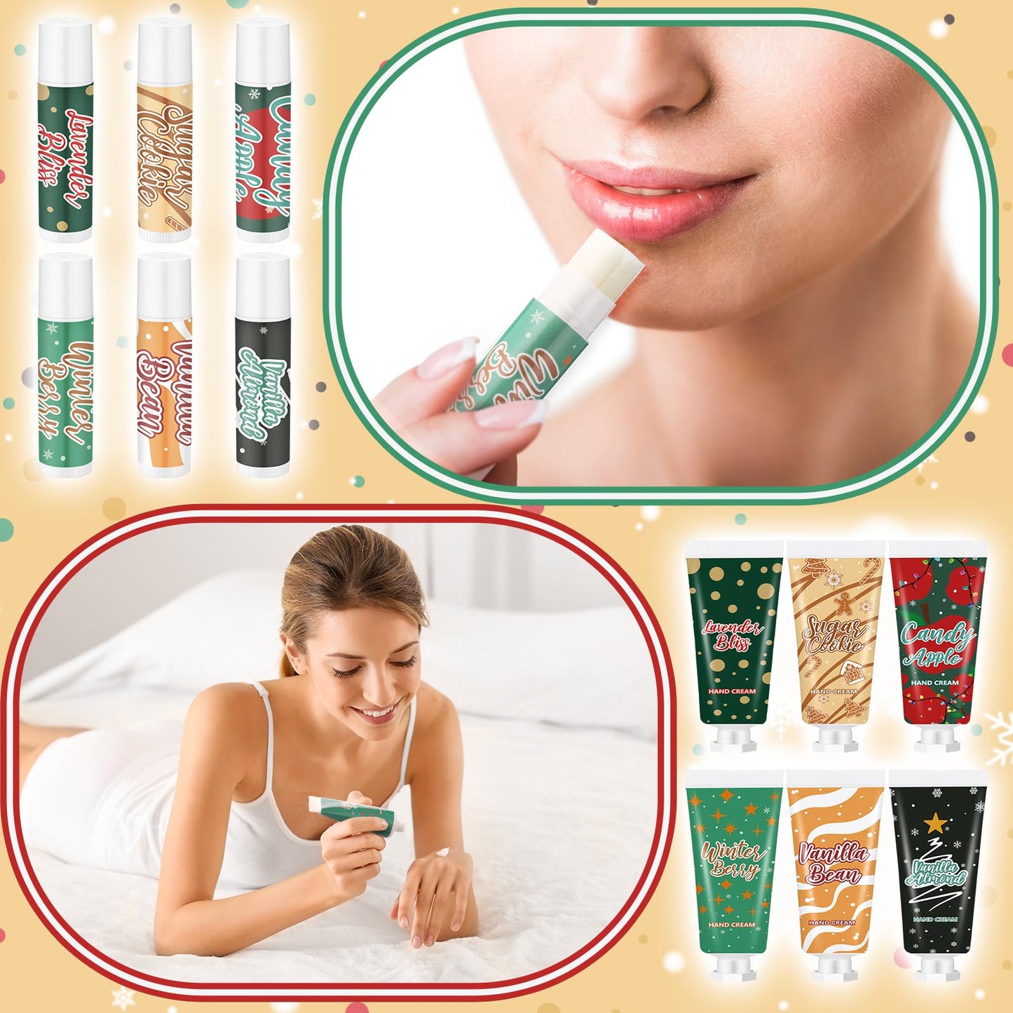 Loopeer 72pcs/36sets Christmas Hand Cream and Lip Balm Gift Set Christmas Stocking Stuffer for Women Travel Hand Lotions Moisturizing Lipstick for Dry Cracked Xmas Party Favor Bulk Gift Coworker Adult