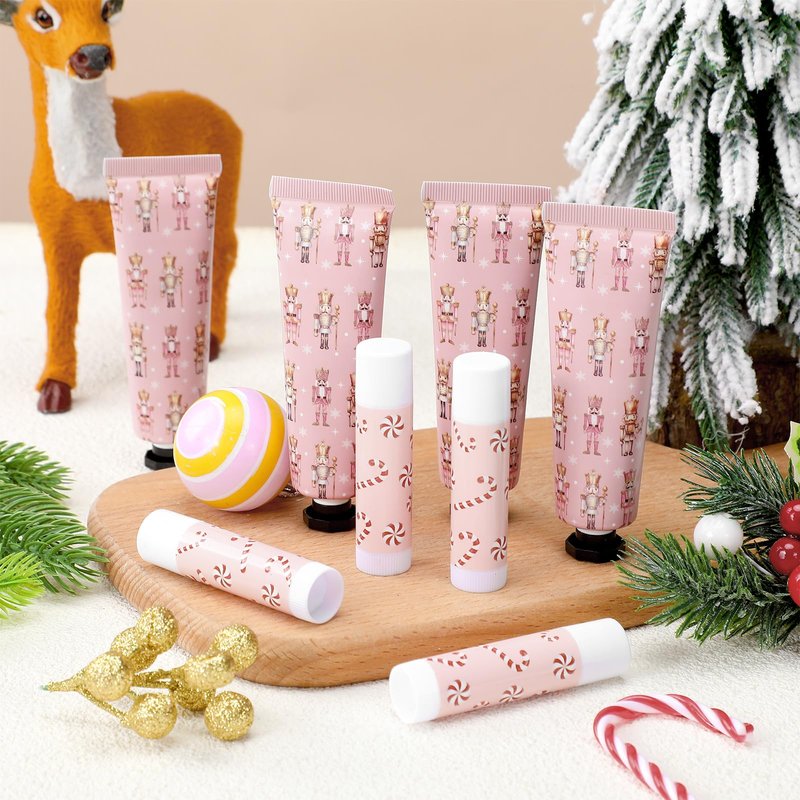 Dansib 24 Sets Christmas Pink Nutcracker Hand Cream and Candy Lip Balm Gift Christmas Party Favors Travel Size Hand Lotion and Lip Balm Bulk Wedding Bridal Baby Shower Party Supplies for Guest