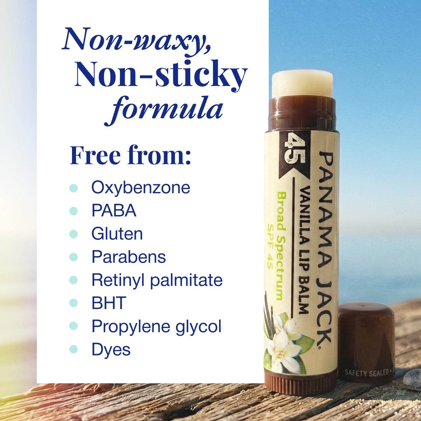 Panama Jack Sunscreen Lip Balm - SPF 45, Broad Spectrum UVA-UVB Sunscreen Protection, Prevents & Soothes Dry, Chapped Lips, Vanilla, 7-pack