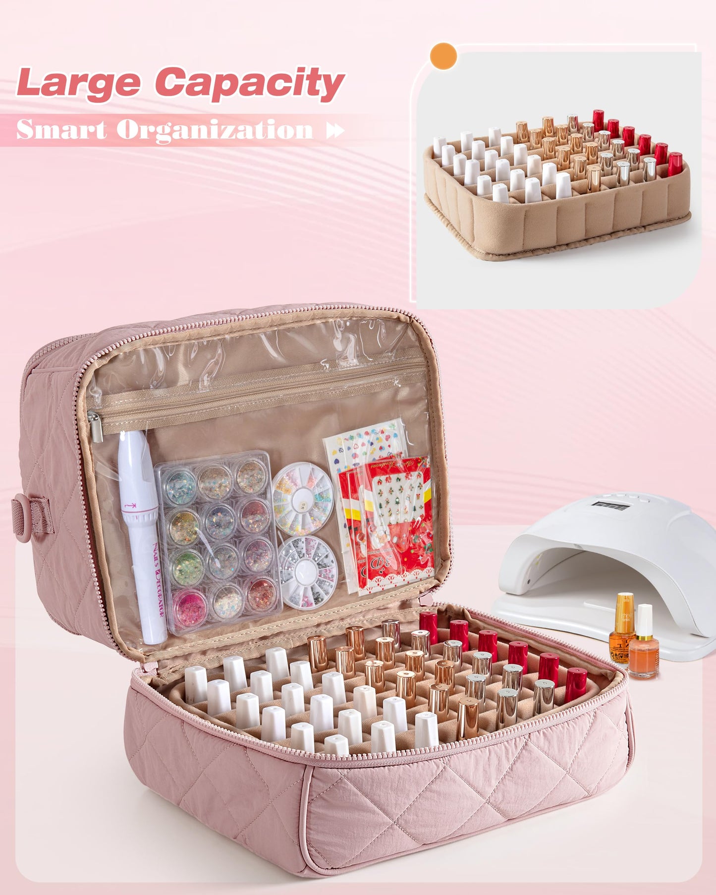 Marscamd Quilted Nail Polish Organizer Bag Holds 42 Bottles and Nail Lamp
