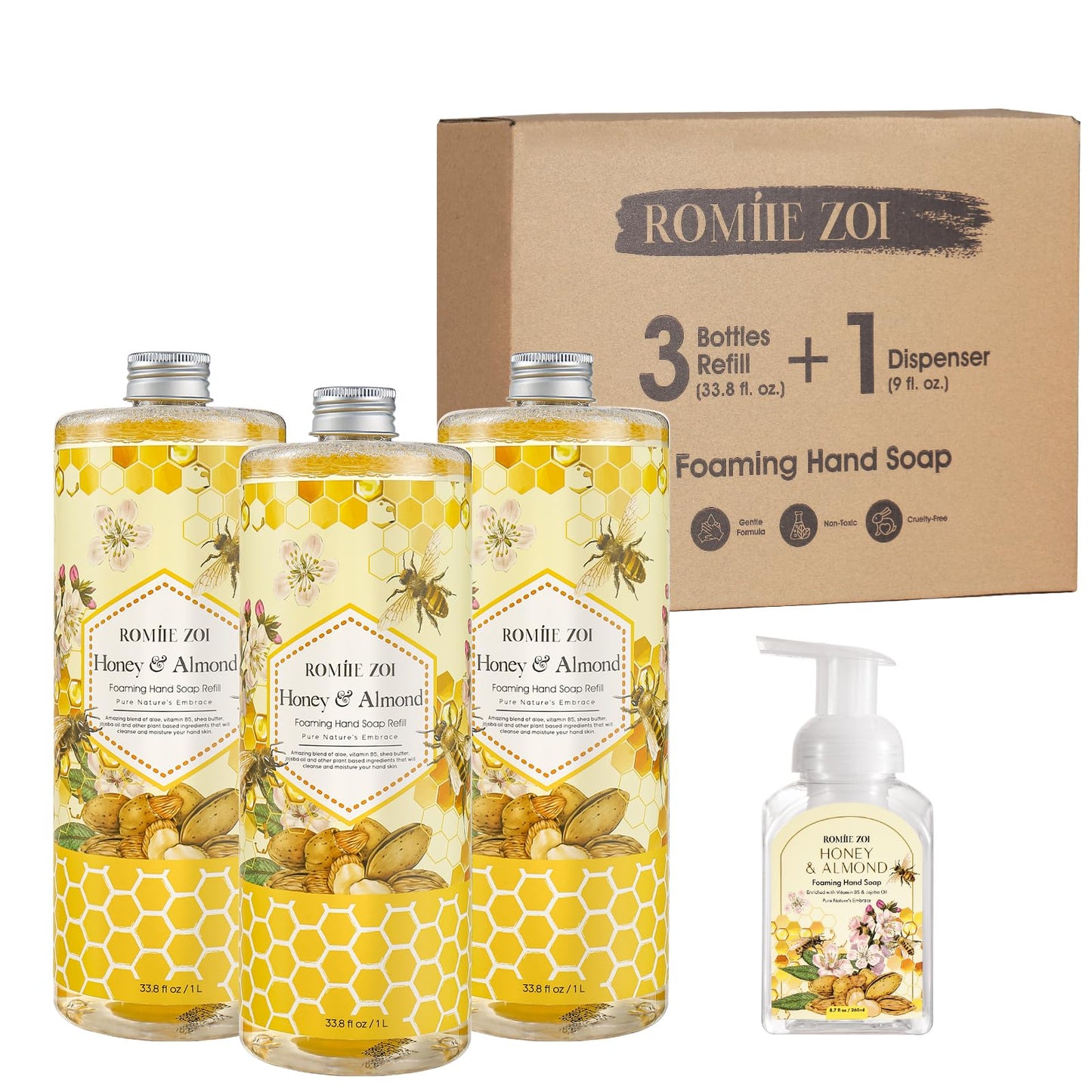 ROMIIE ZOI Foaming Hand Soap Refills, Honey & Almond, 33.8 Fl Oz, 3-Pack
