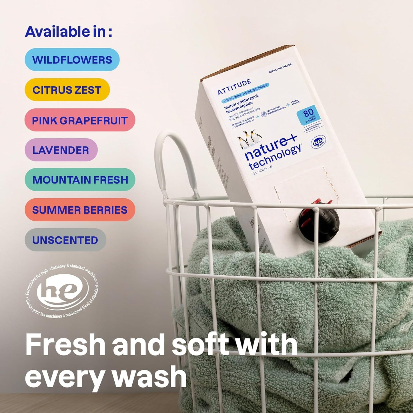 ATTITUDE Liquid Laundry Detergent Refill - EWG Verified, Plant-Based & Vegan, Unscented | 67.6 Fl Oz, 80 Loads