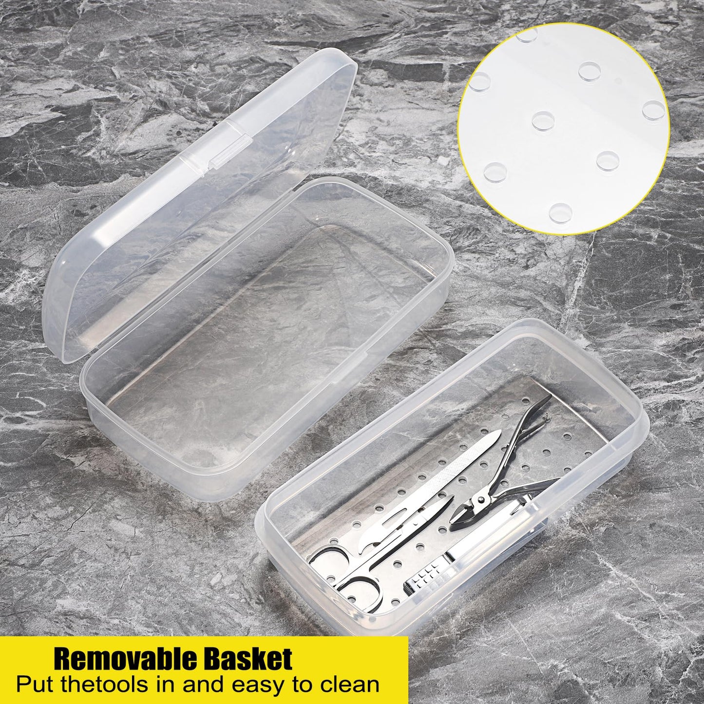 JUXYES 2 PCS Plastic Sterilizing Tray for Nail Art Accessories Tools, Portable Nail Art Tool Sterilizer Tray with Strainer, Fully Transparent Storage Box Organizer for Tweezer Manicure Tools