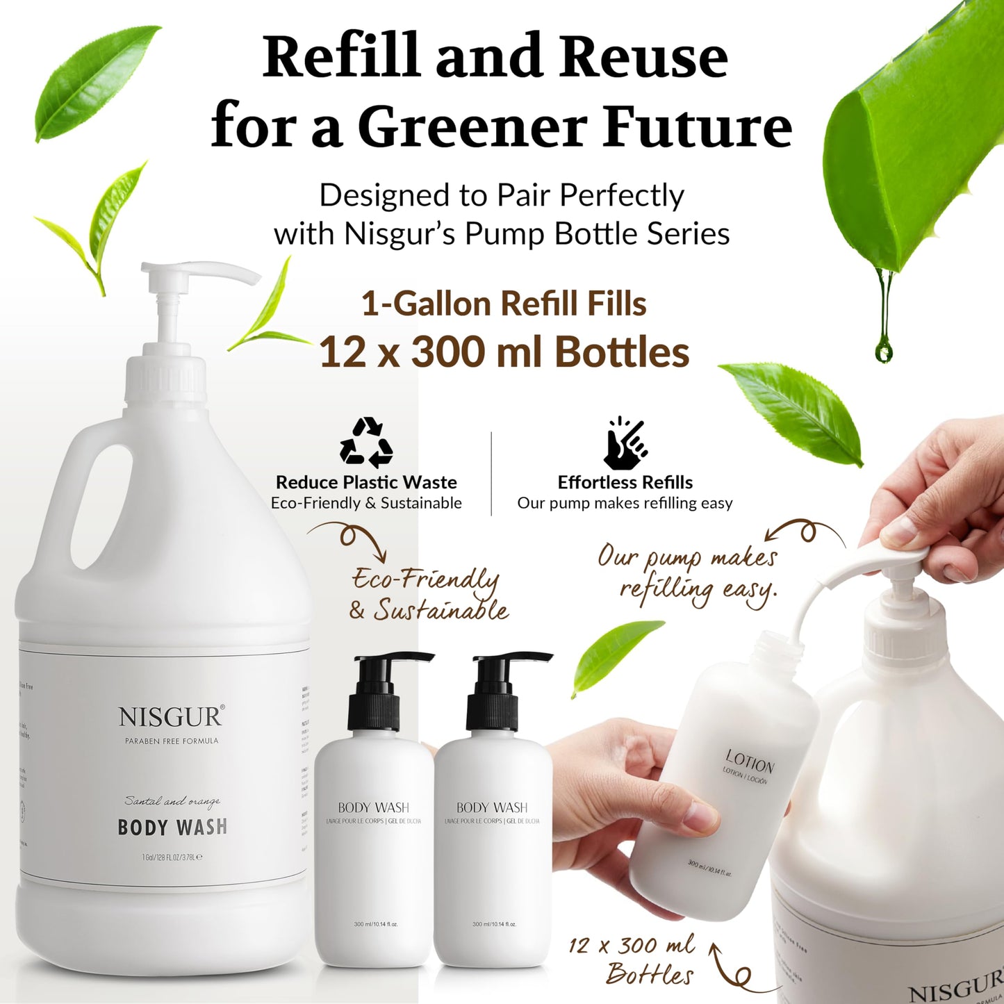 Shampoo Conditioner Body Wash and Lotion Kit 4 Pump Bottles Per Case Each 10.14 Fl oz/300 ML Aloe vera, Green Tea Extract Infused Hotel Toiletries