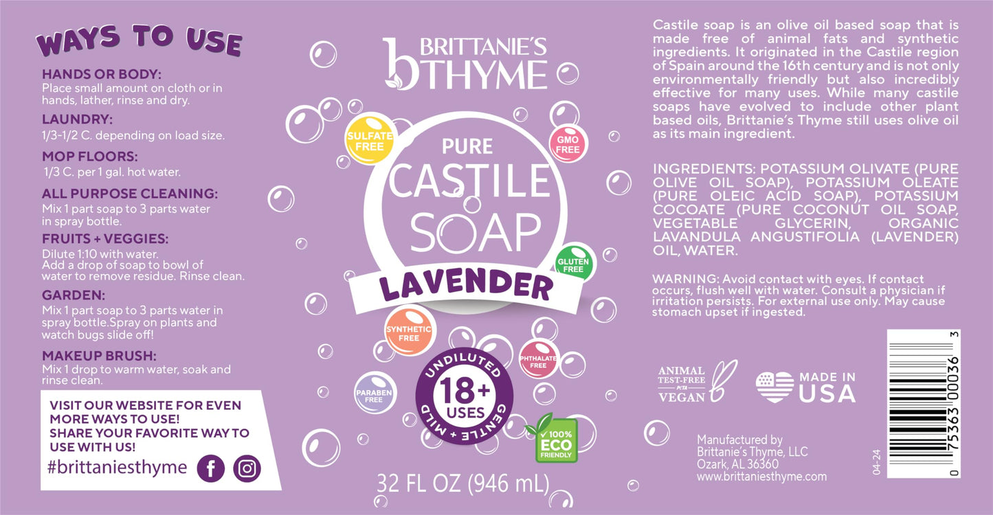 Brittanie’s Pure Castile Liquid Soap Refill, Lavender, 32 Ounce 2 Pack | Dish Soap, Hair & Body, Laundry, Home, Gentle and Pure, Made with Natural Luxurious Oils, Vegan & Gluten Free Non-GMO