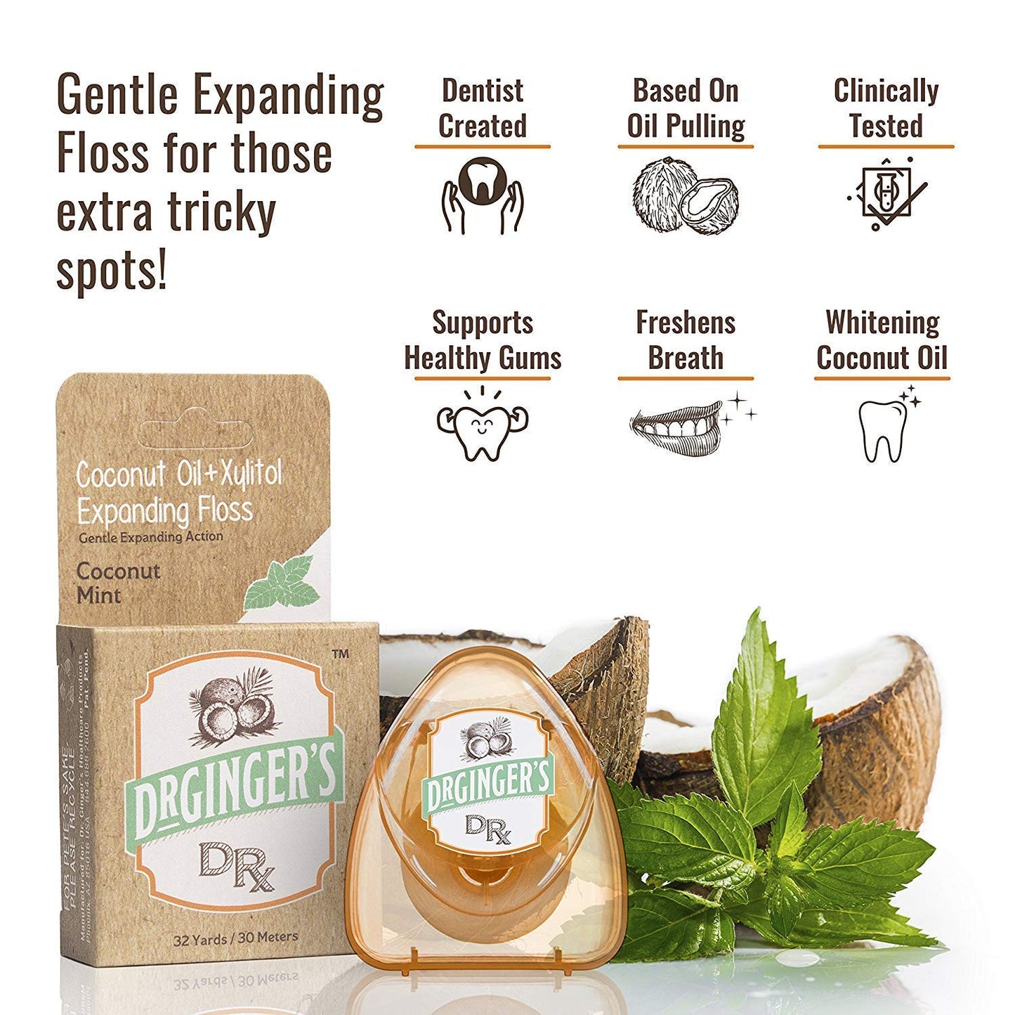 Dr. Ginger's Dental Floss - Organic Coconut Mint with Xylitol | Gentle Floss for Hard-to-Reach Spaces, 3 Pack (32 Yards Each)