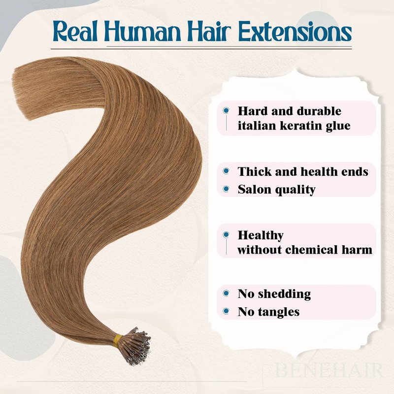 16inch Nano Beads Ring Hair Extensions Human Hair Light Auburn Pre Bonded I Tip Keratin Cold Fusion Stick Tipped Hairpiece Iron Loop Link Straight Micro Bead Remy Hair for Women #30 50g 50strands