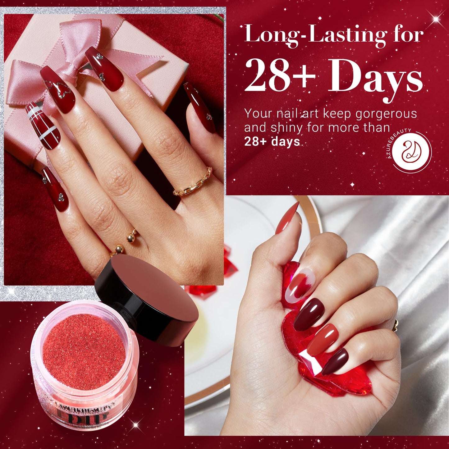 AZUREBEAUTY Dip Powder Set, 6 Colors Burgundy Red Dipping Powder Starter Kit French Nail Art Manicure DIY Salon Gifts for Women,No Need Nail Lamp Cured
