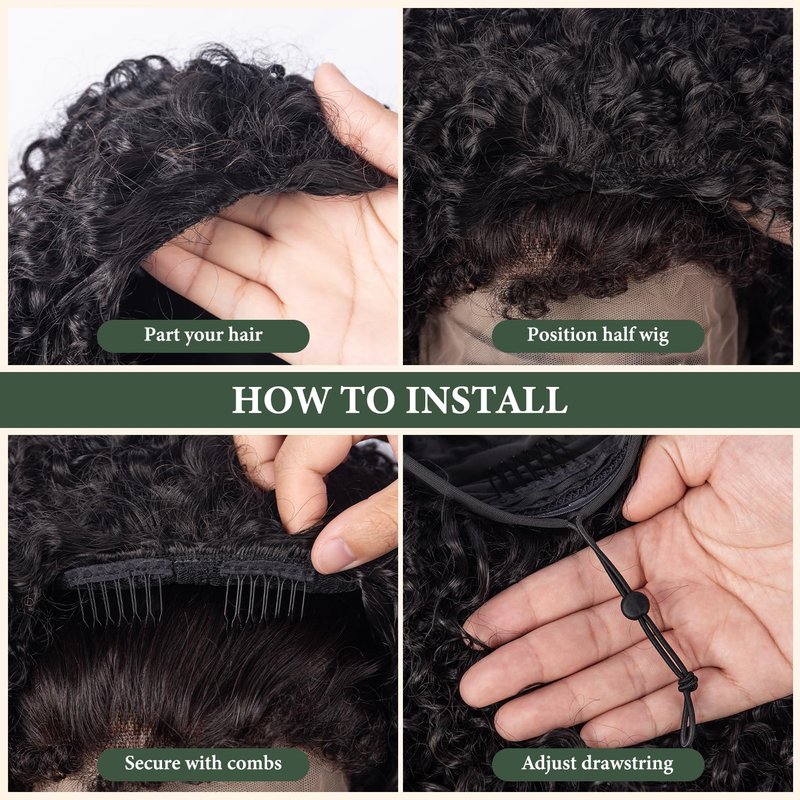 Prosa Kinky Curly Half Wig, 3-in-1 Synthetic Hair with Drawstring Headband, Clip-in Glueless Seamless Flip Over Design, Color 1B, for Women (16inch)