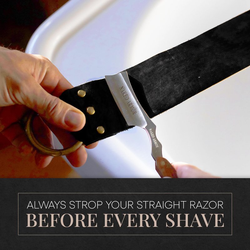 Naked Armor Straight Razor Leather Strop - 2.5" x 15" Cow Leather Razor Blade Sharpener with Brass Hooks, Black