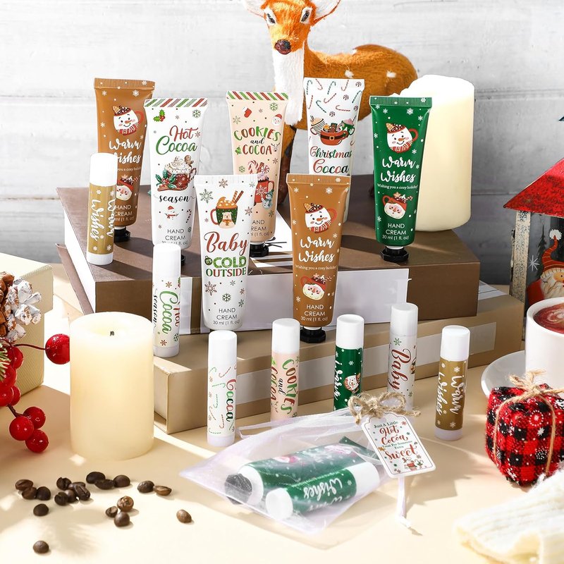 Christmas Hot Cocoa Party Favors - 36 Pcs Hand Cream & Lip Balm Gift Set | Red & Green Stocking Stuffers