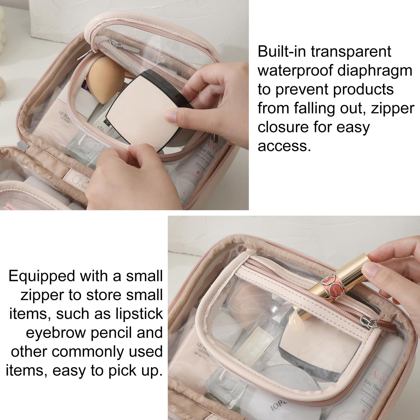 Veki TSA Approved Toiletry Bag Transparent Makeup bag Double Travel Cosmetic bags Case Waterproof Toiletries Bag Large Capacity Open Storage bag Organizer for Women and Girls (Large Pink)