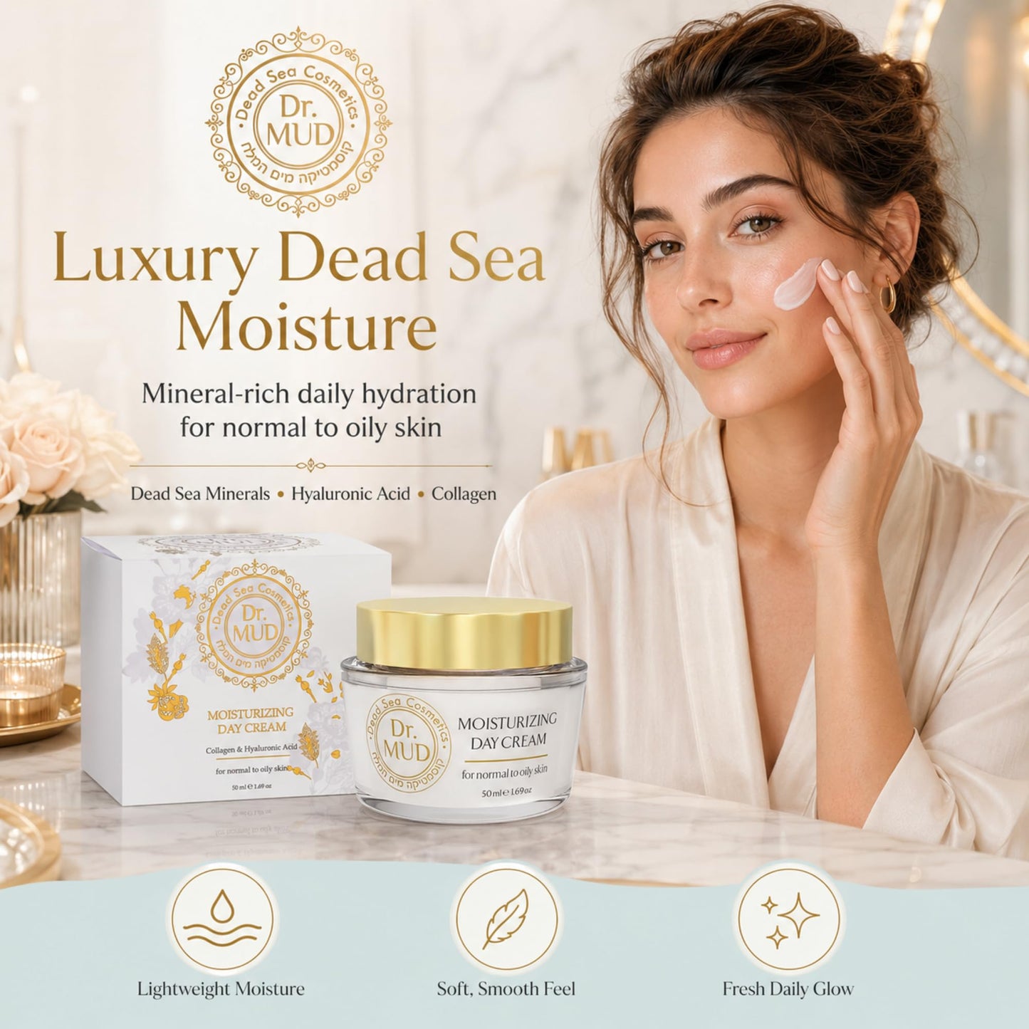 Dr.MUD Premium Moisturizing Day Cream for Normal to Oily Skin, Luxurious Dead Sea Mineral Face Moisturizer with Hyaluronic Acid, Collagen, Vitamin E, Green Tea and Aloe Vera, 50 ml