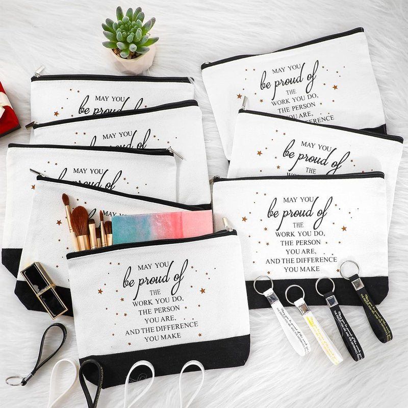 Employee Appreciation Gifts - 80 Pcs Canvas Cosmetic Bags & Thank You Keychains | Inspirational Makeup Bags for Women