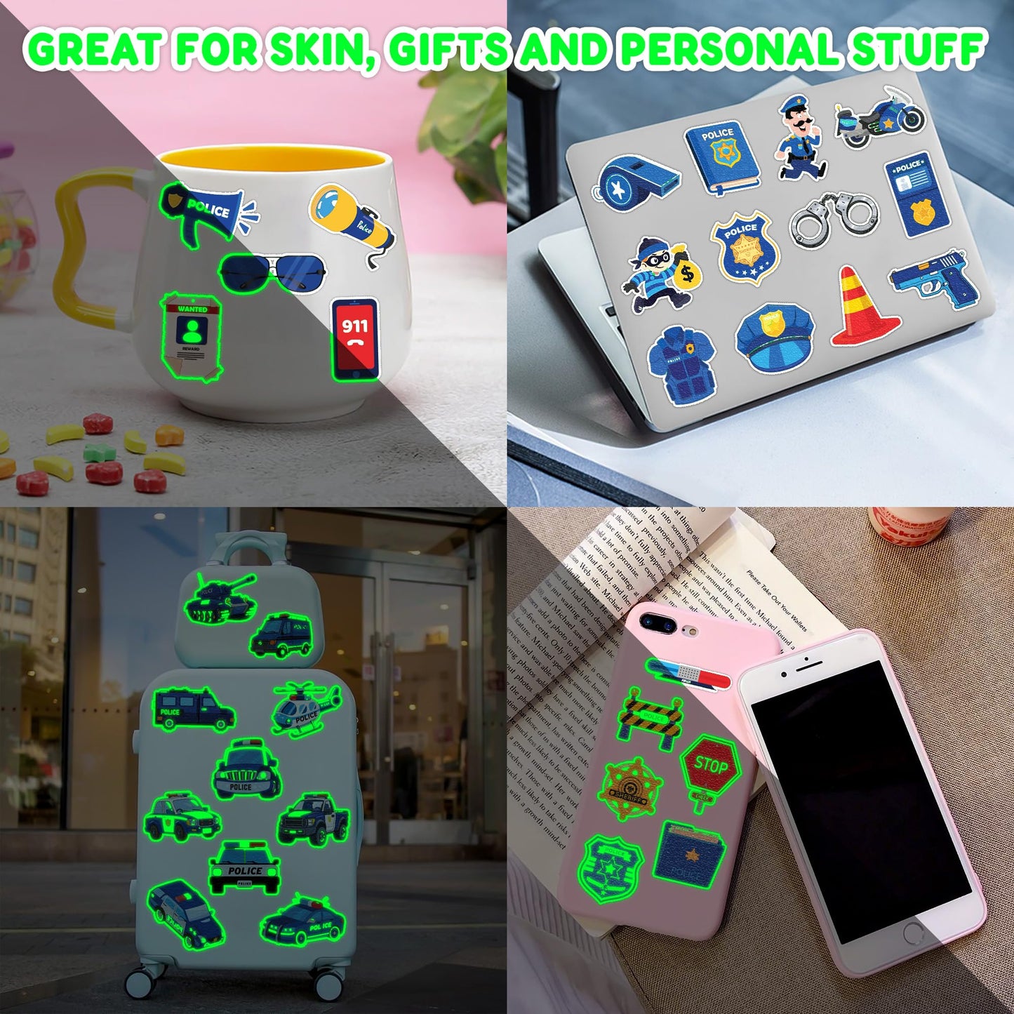 96 PCS Police Car Police Officer Policeman Pre-Cut Luminous Glow in the dark Temporary Tattoos for Kids | Super Cute Theme Birthday Party Favors Supplies Decorations, Fake Tattoos Gifts for Boys Girls