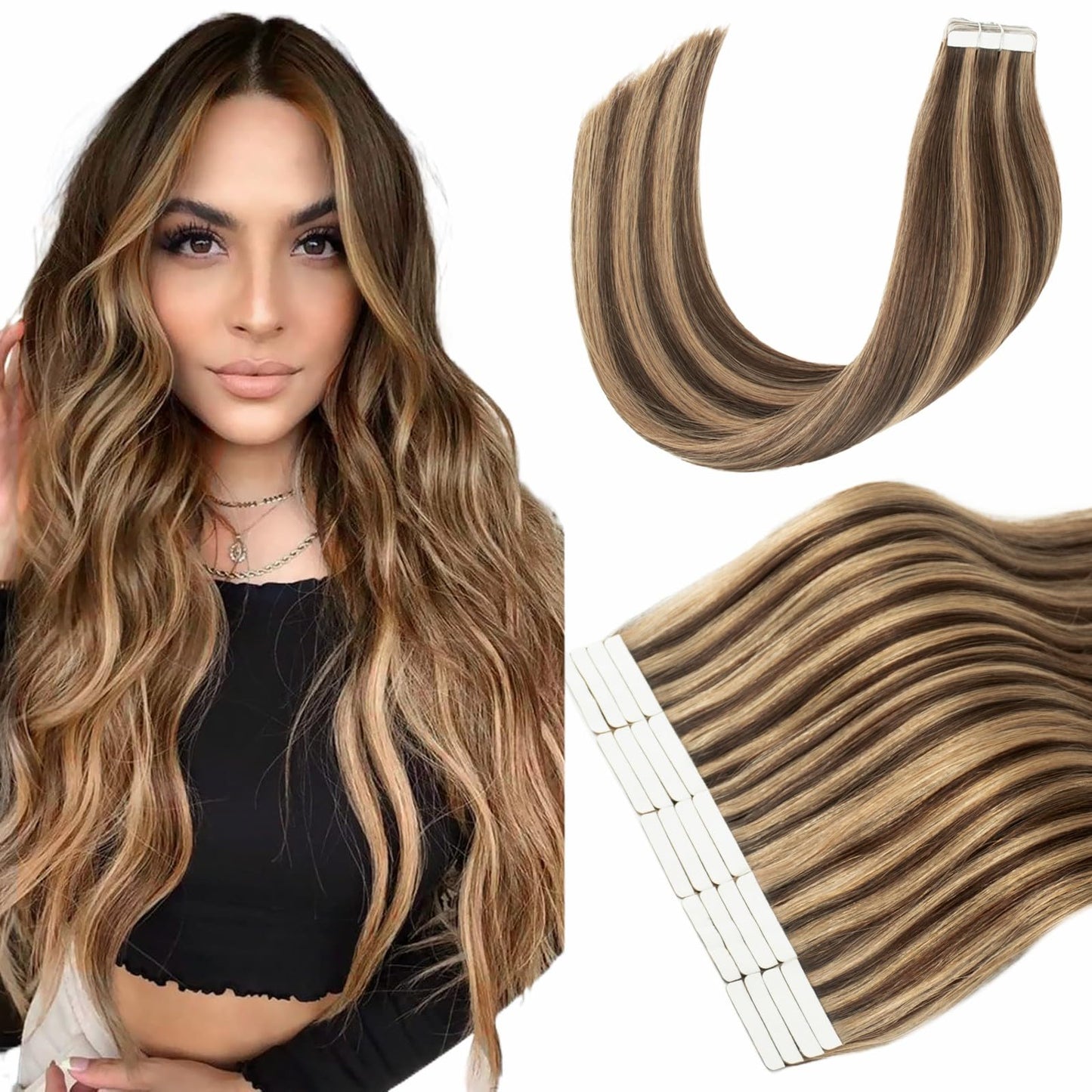 Hyssiet Tape in Hair Extensions Human Hair, 20pcs 50g 14 Inch Tape in Hair Extensions,Chocolate Brown Highlighted Caramel Blonde,Invisible Remy Soft Natural Thick Real Human Hair Extensions