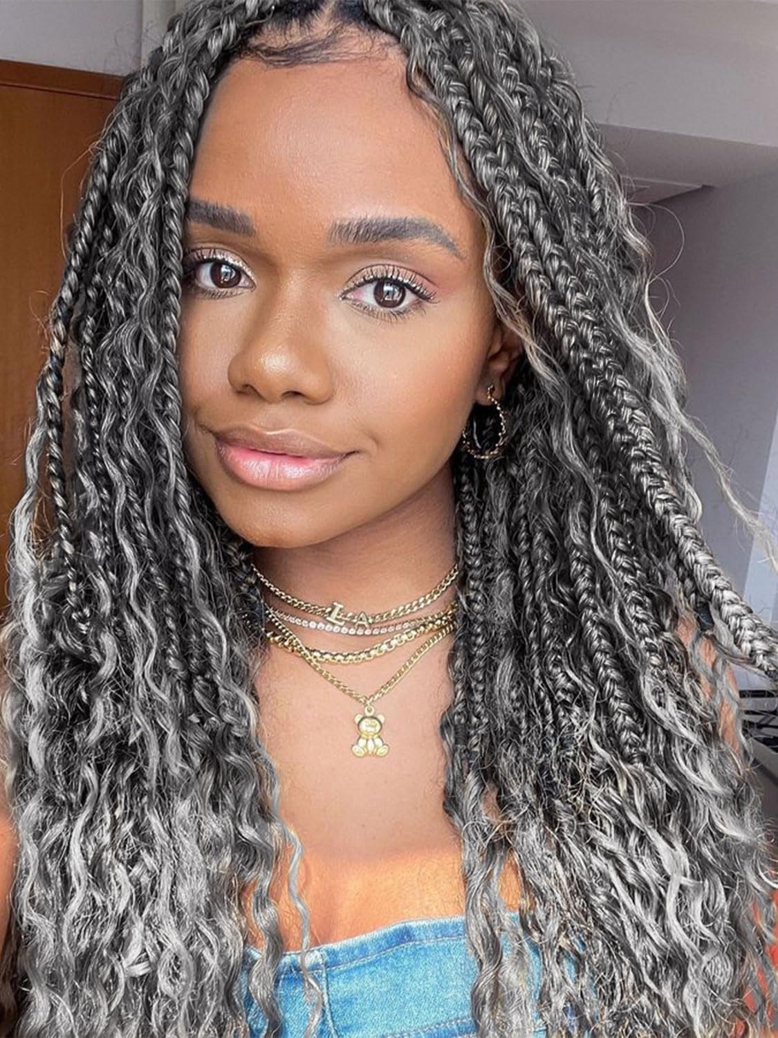 Goddess Box Braids - 7 Packs Grey Crochet Hair with Curly Ends | 14 Inch Bohemian Braiding Extensions 1B/Gray