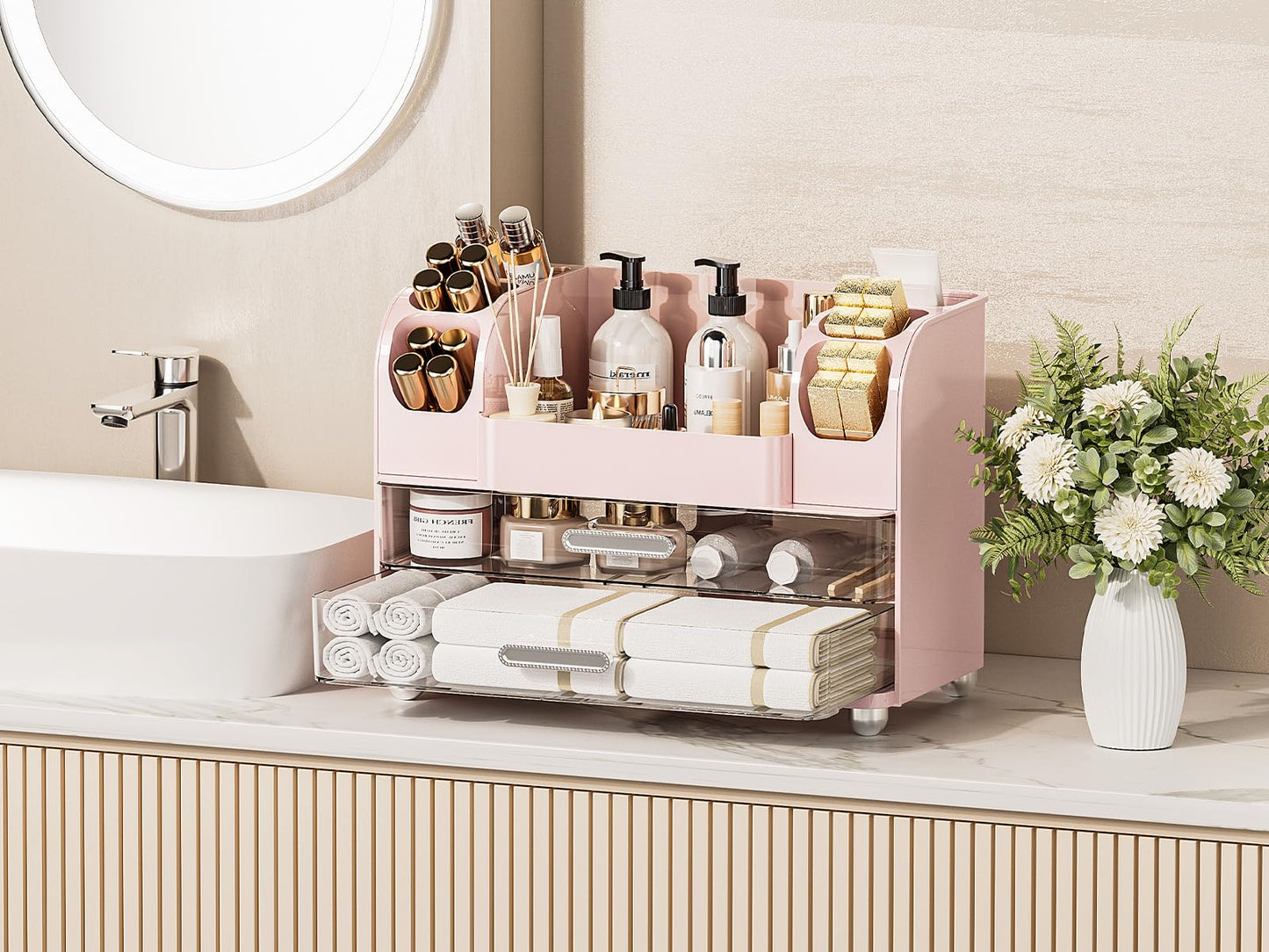 Delamu Large Makeup Organizer Countertop with 6 Brush Holders, Makeup Organizers for Vanity with 2 Large Drawers, Easy to Store Skincare, Lipsticks, Nail Polishes, Perfumes, Eyeshadow Palettes, Pink