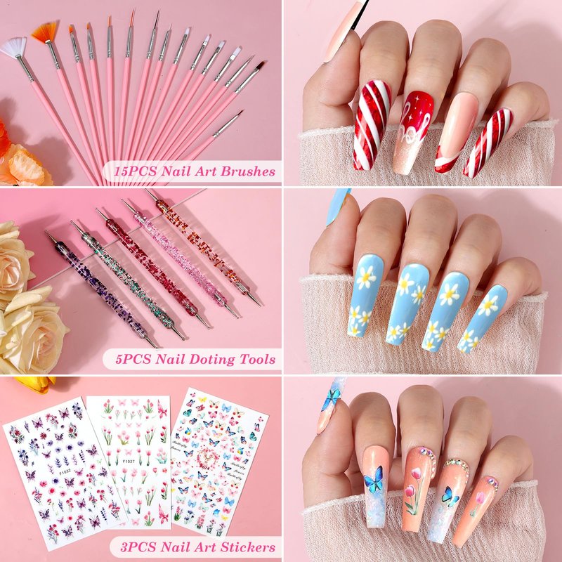 Acrylic Fake Nails Kit Press On Nail Kit with Clear Coffin Nail Tips Nail Display Stand Sequins Sticker Rhinestones Decorations Nail Glue Nail Clay Fine Glitter DIY Nail Art Tool and Supplies