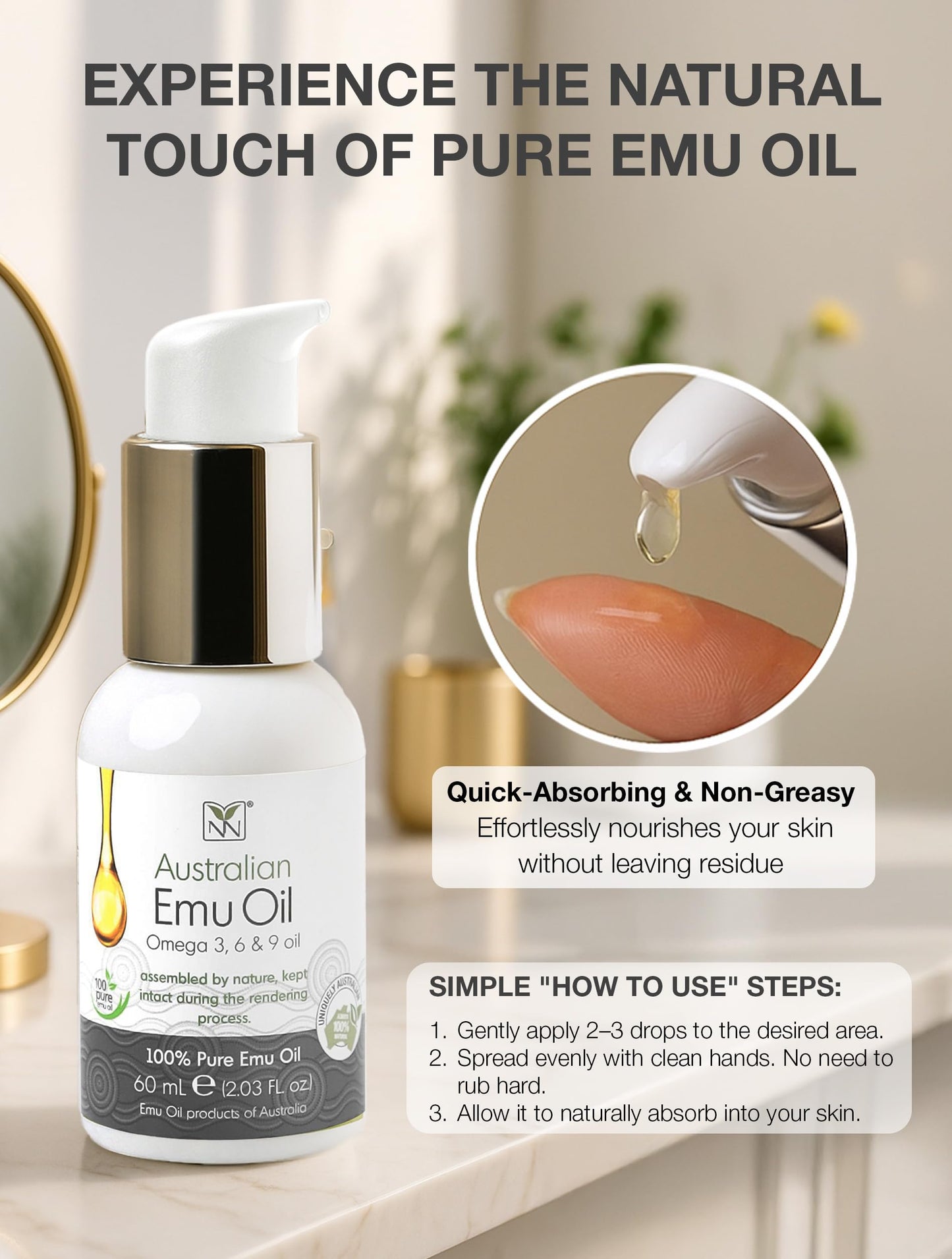 Y Not Natural Pure Emu Oil - Organic Moisture for Face, Body, Hair, Scalp & Nails - Rich in Omega 3-6-9, Vitamins & Essential Minerals - Australian Emu Oil (60ml) 2.03 fl oz -Unscented