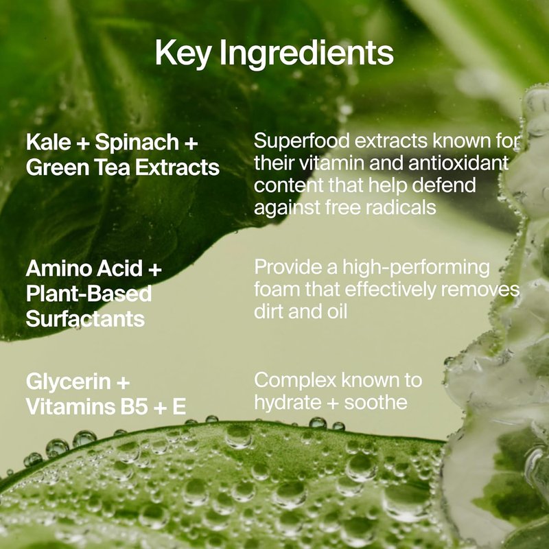 Superfood Facial Cleanser - Kale & Green Tea Daily Face Wash for Glowing Skin | pH Balanced, Refillable, Gentle Makeup Remover