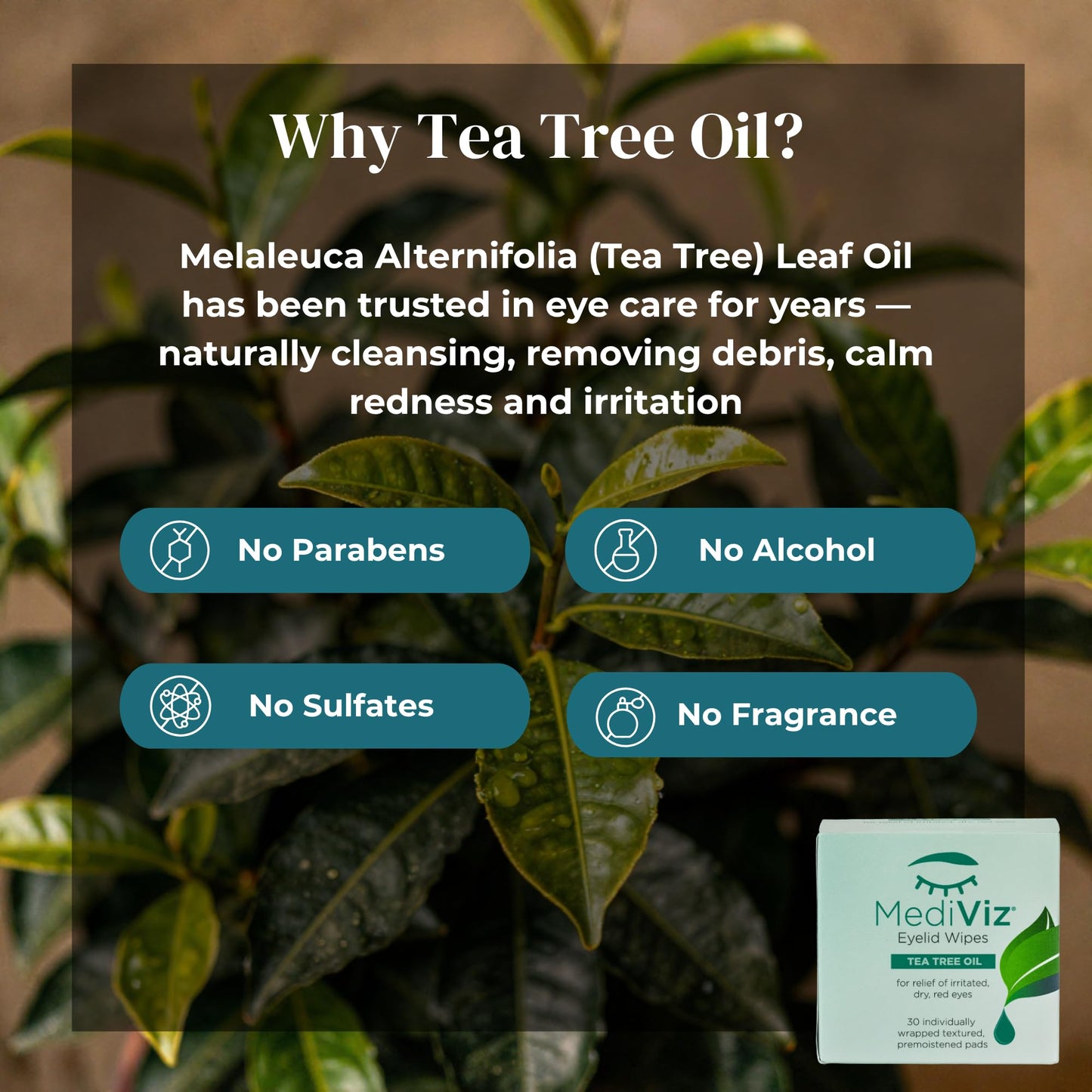 Eye Love Mediviz Tea Tree Oil Eyelid Wipes – 30 Eyelash & Eyelid Scrub Towelettes for Soothing Eye Irritation, Demodex Removal - Makeup Removing Wipes, Alcohol-Free, Fragrance-Free, No Rinse