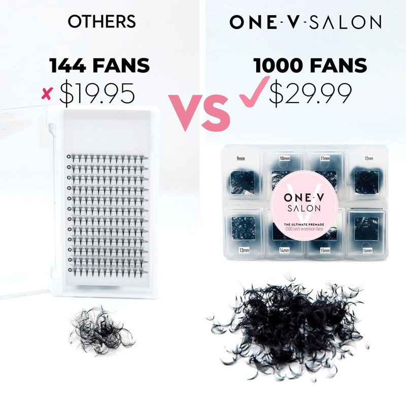 One V Salon, 1000 Loose Professional Use Premade Fans Eyelash Extensions, D Curl Volume Lashes,14D 20D 10D-0.07 Thickness, 9-16mm Fluffy Handmade Fan Mixed Tray
