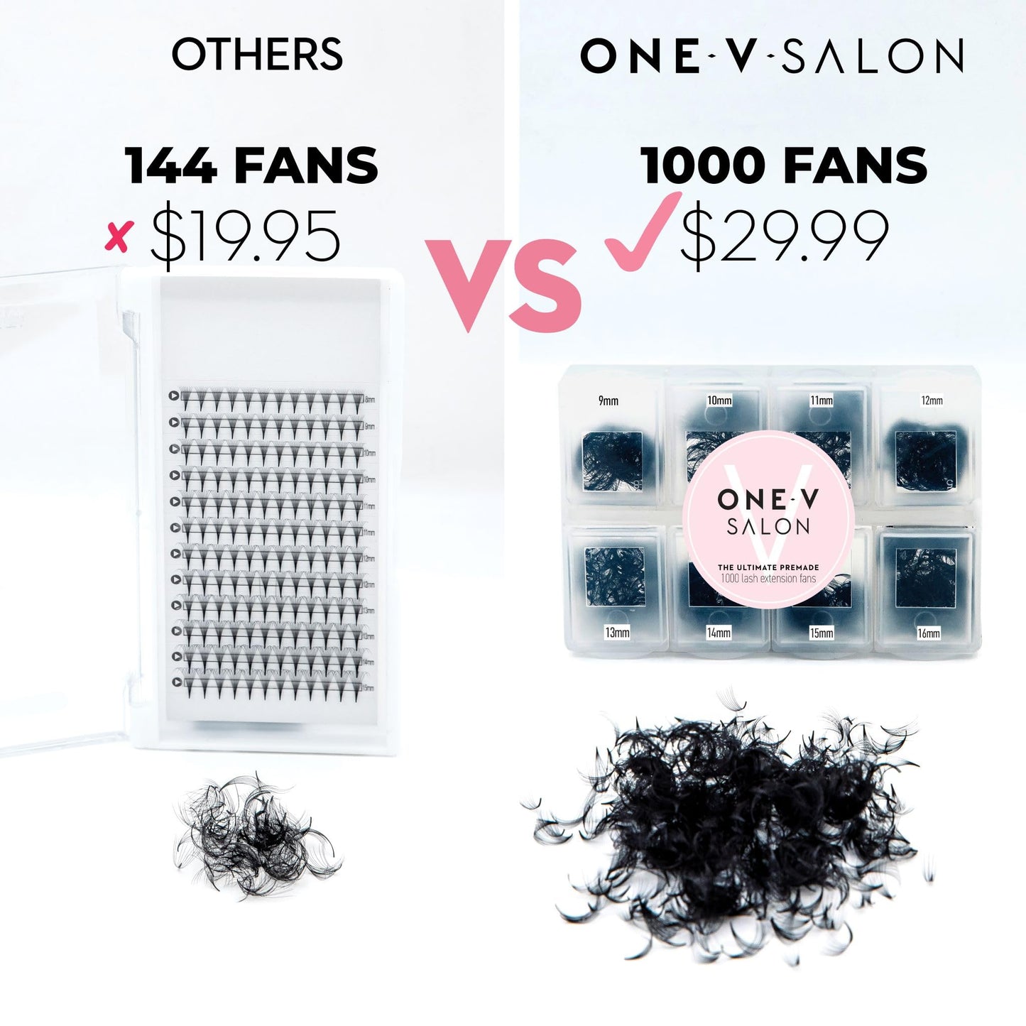 One V Salon, 1000 Loose Professional Use Premade Fans Eyelash Extensions, C Curl Volume Lashes,14D 20D 10D-0.07 Thickness, 9-16mm Fluffy Handmade Fan Mixed Tray