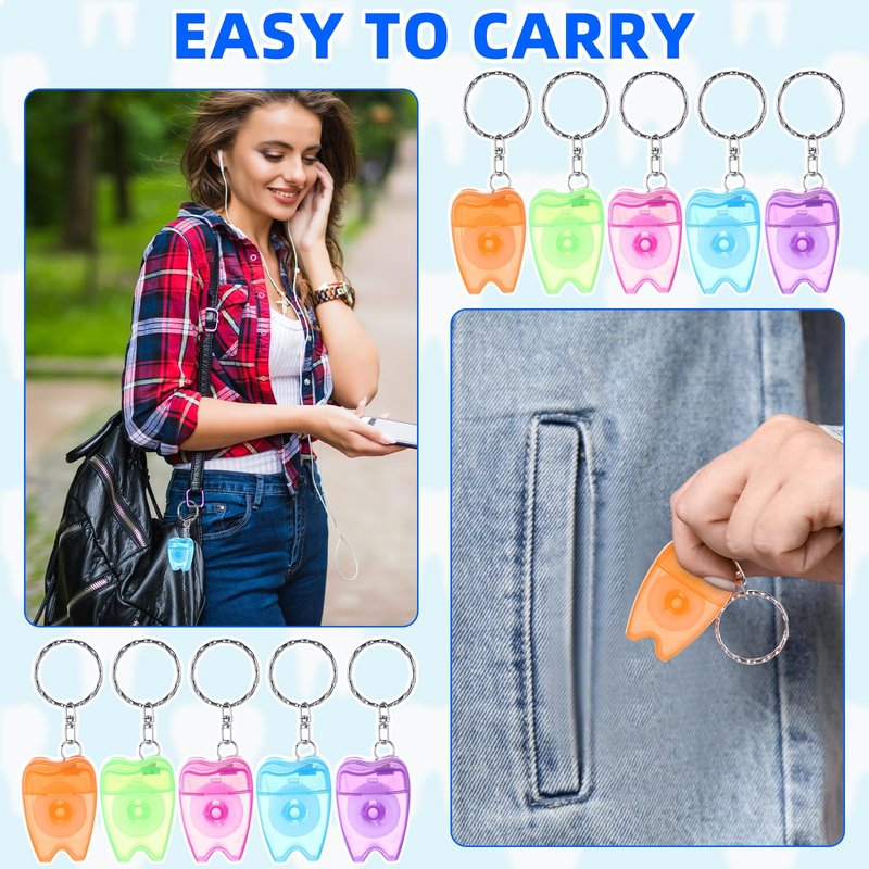 Landical 100 Pcs Mini Dental Floss Keychain Bulk Tooth Shaped Portable Floss Cleaning for Travel Homeless Donated Gifts Teeth Cleaning Oral Care 15 M /16.4 Yard (Multicolor)