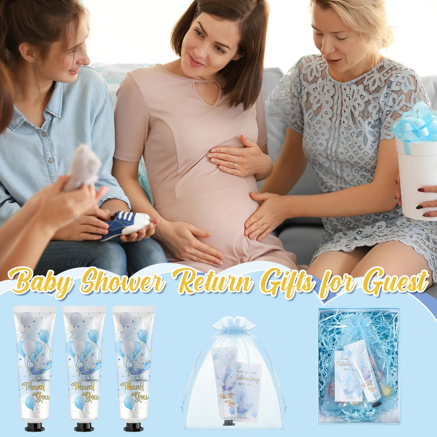 Swiffen 24 Sets Baby Shower Hand Cream Bulk Blue Elephant Shower Favors Bridal Thank You Appreciation Hand Cream for Guests Travel Size Lotion with Organza Bags