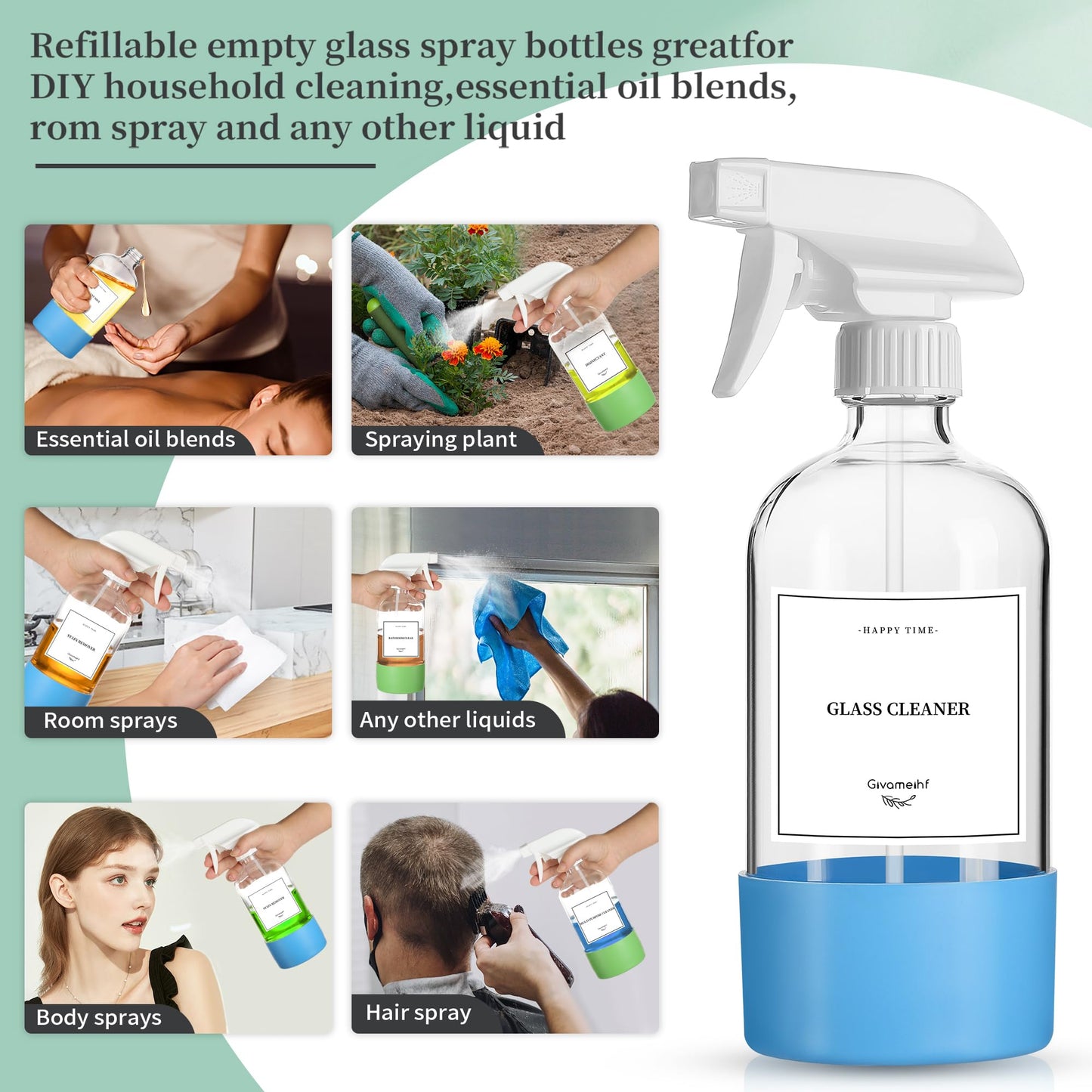 GIVAMEIHF 16oz Clear Glass Spray Bottles,6 Pack Glass Spray Bottles Refillable Empty Bottle with Adjustable Nozzle,Spray Bottle for Essential Oils,Cleaning,Pets,Hair Mister