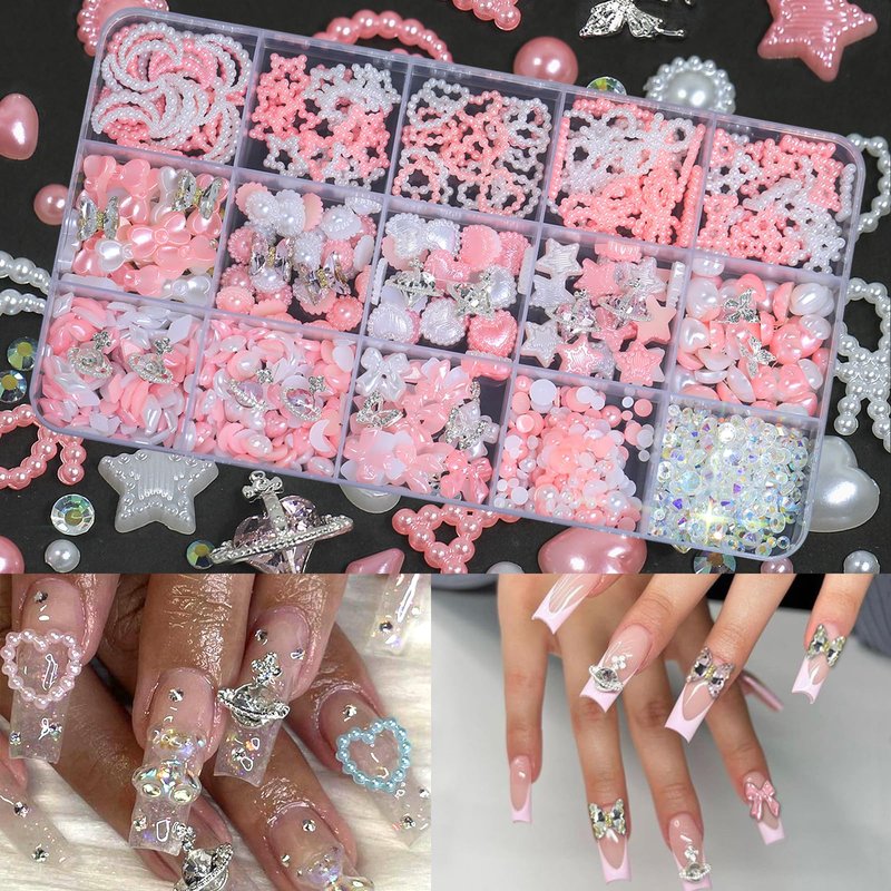 DZHILHMX Assorted Nail Charms - 3D Multi Shapes Size, Flat Back Rhinestones, Planet, Butterfly, White Pink Pearl, Bow, with Kit, for Nail Art