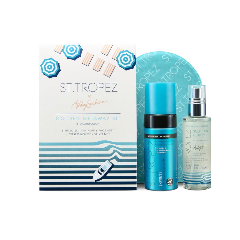 St.Tropez Ashley Graham Golden Getaway Kit, Self Tan Set with Award-Winning Express Bronzing Mousse, Velvet Applicator Mitt and Limited Edition Scent Purity Face Mist, Vegan, Natural & Cruelty Free