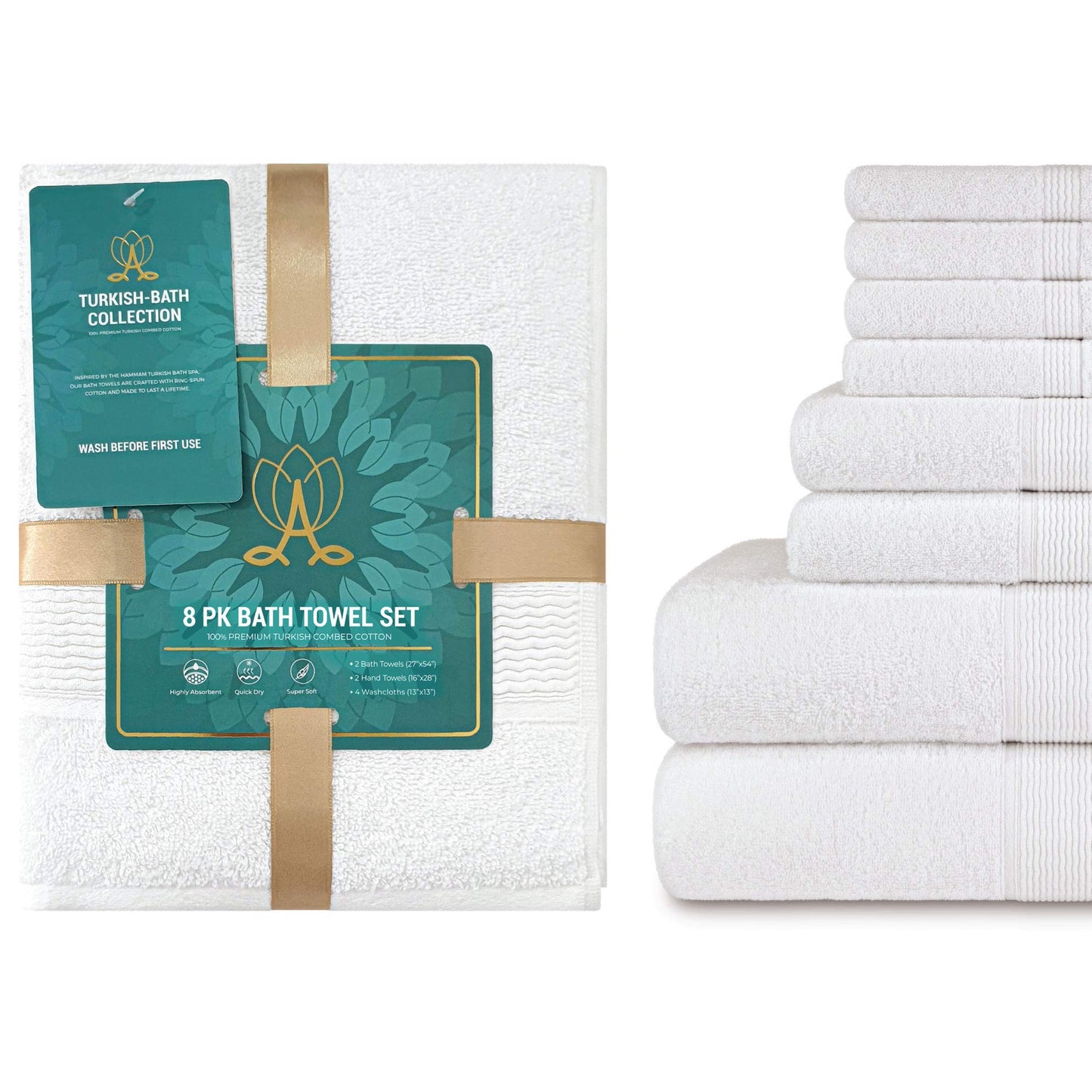 DecorRack 8 Piece Towel Set, Cotton, Highly Absorbent, Super Soft, Quick Dry, 4 Washcloths (13"x13"), 2 Bath Towels (27"x54"), and 2 Hand Towels (16"x28"), White (Set of 8)