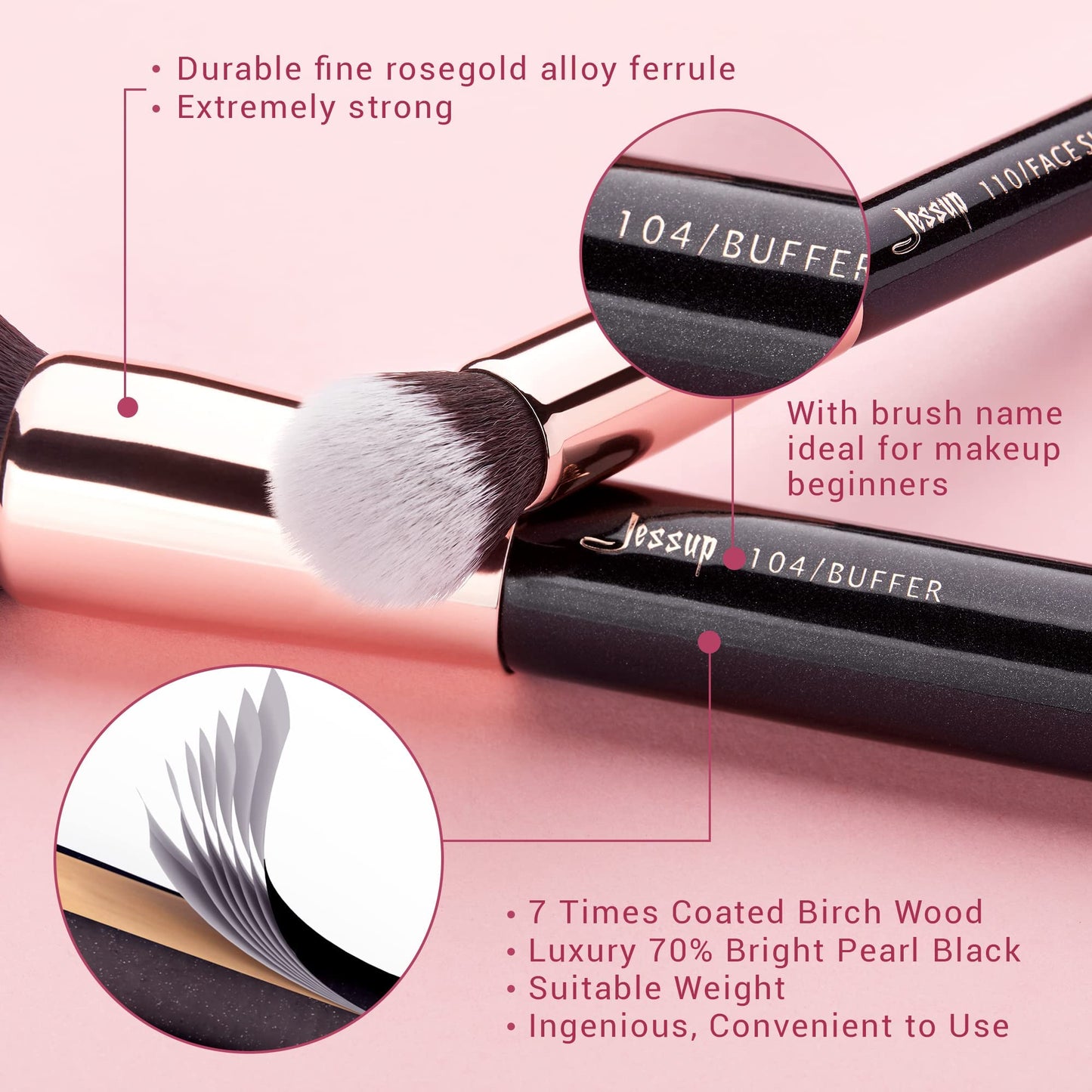 Jessup Makeup Brushes, Labeled Makeup Brush Set Premium Synthetic and Natural Hair Foundation Powder Concealer Eyeshadow Blending 15pcs Brush Kit, Rose Gold/Black T160