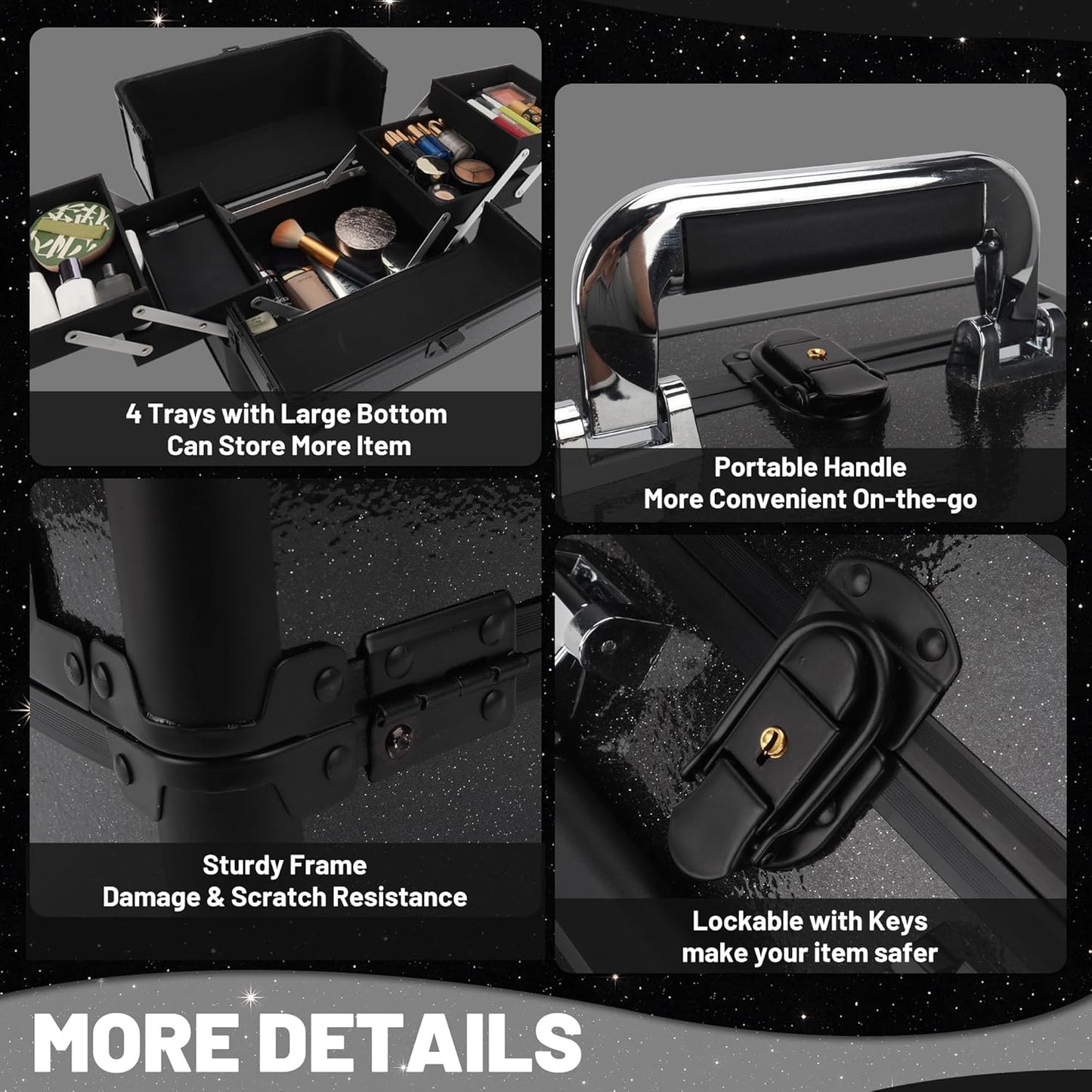 Makeup Train Case - 10.2" Hard Vanity Organizer with 4 Trays | Lockable Starry Black Travel Case for Artists