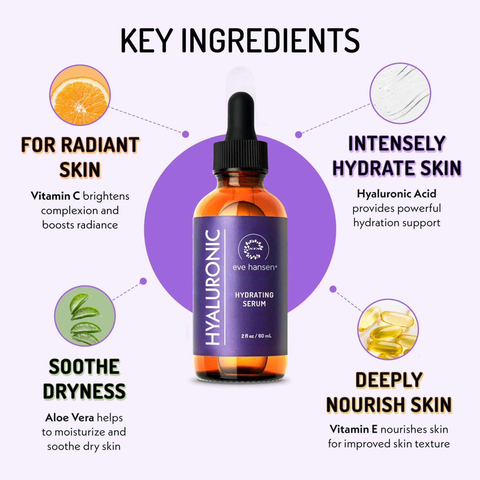 Eve Hansen Hydrating Hyaluronic Acid Serum for Face with Vitamin C, Vitamin E, Green Tea | 72% Organic Firming Facial Moisturizer, Anti-Wrinkle, Skin Plumper (1 oz)