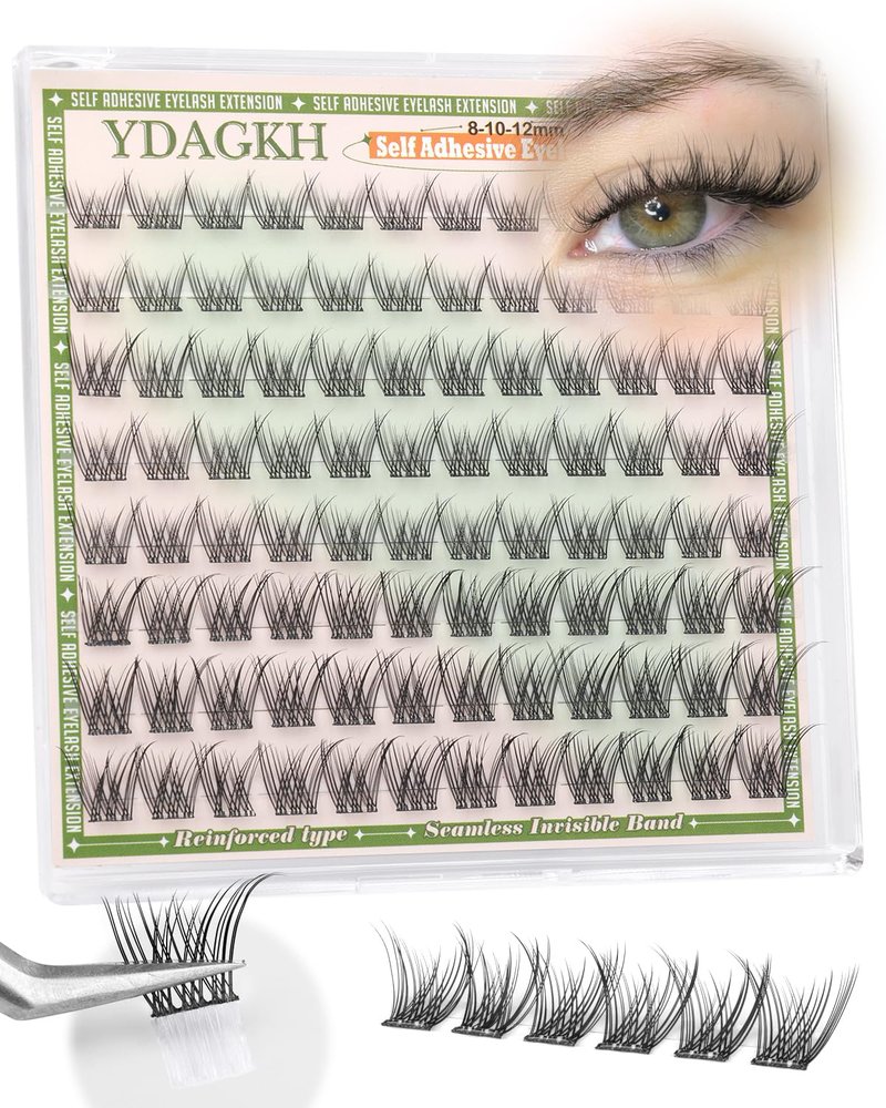 Short Self Adhesive Lash Clusters 8-10-12mm Natural Self Adhesive Eyelashes Pre Glued Individual Cluster Eyelash Extension Ultra-Thin Band Glueless Lashes Wispy No Glue Needed for Clean Beauty