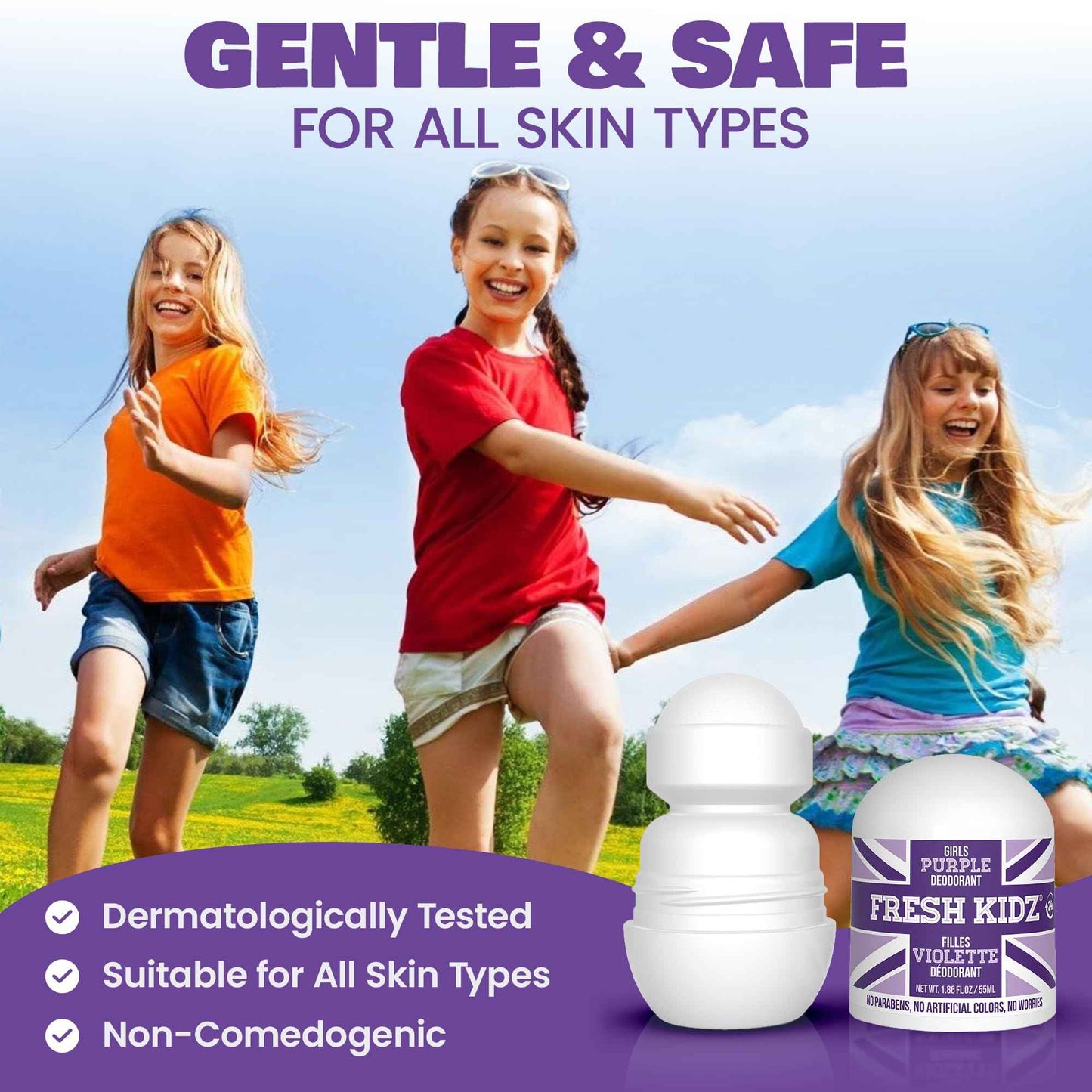 Fresh Kidz Roll On Deodorant for Kids and Teens - Baking Soda and Aluminum-free 24 Hour Protection for Sensitive Skin - Girls "Purple" 1.86 fl.oz. (2 Pack)