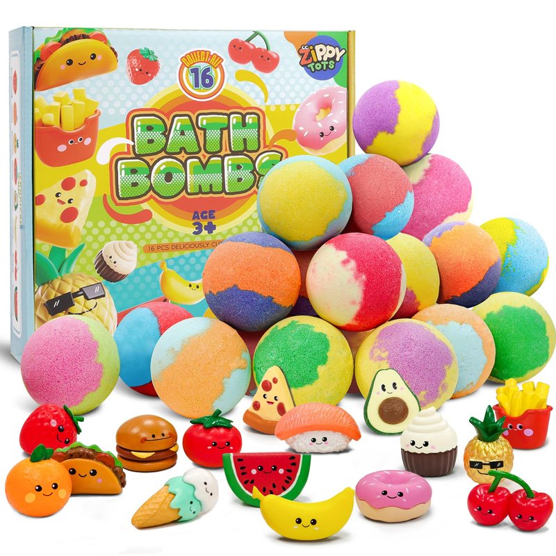 Zippytots Kids Bath Bombs with Food Toys Inside, 16 Pack Colorful Surprise Bath Fizzies Set, Organic Fizzy Bubble Bath Bombs for Girls & Boys, Ages 3+