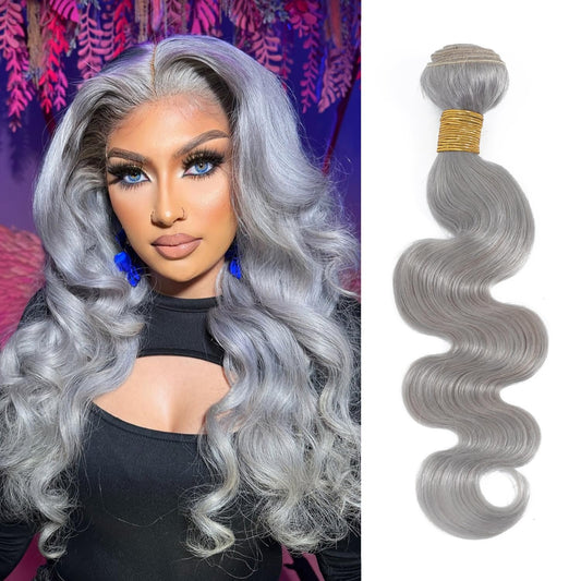 ANMETAN Silver Grey Body Wave Bundles Human Hair, Short 12 Inch Single Bundle 12A Unprocessed Remy Hair Lavender Gray Colored Bundles Human Hair Weave Natural Wavy Color Sew In Quick Weave