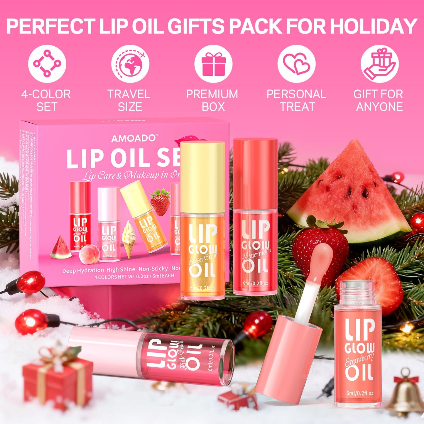 AMOADO Lip Oil, Tinted Lip Glow Oil – Hydrating & Nourishing, Lip Oils Gift Set, Fruity Lip Oils Gloss Non-Sticky & Glossy Finish, 4 Colors Lip Gloss for Girls and Women - Party Favor