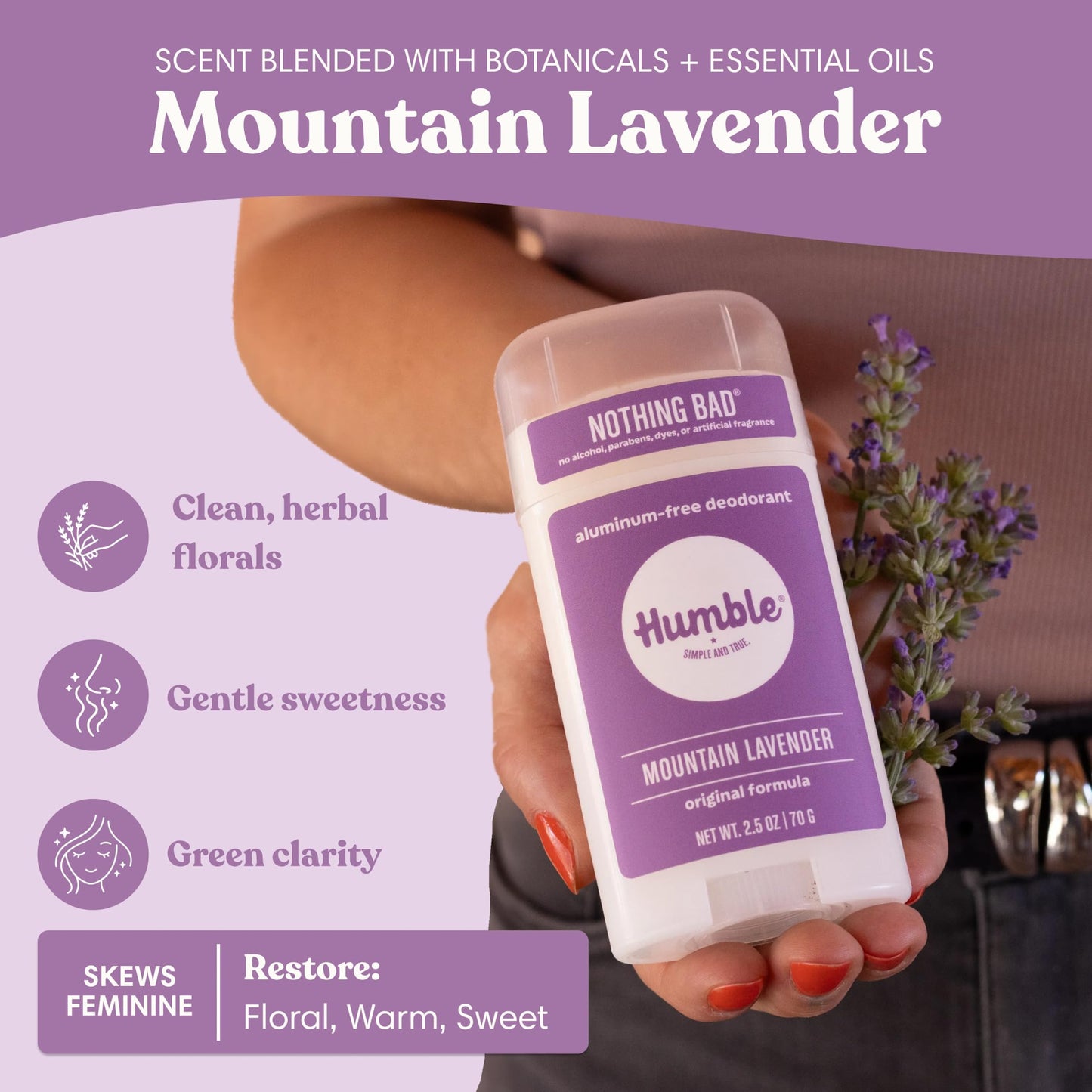 Humble Aluminum-Free Deodorant for Women & Men, Mountain Lavender - Clean & Fresh Natural Deodorant Stick with Essential Oils for Long-Lasting Odor Control - 3 Pack