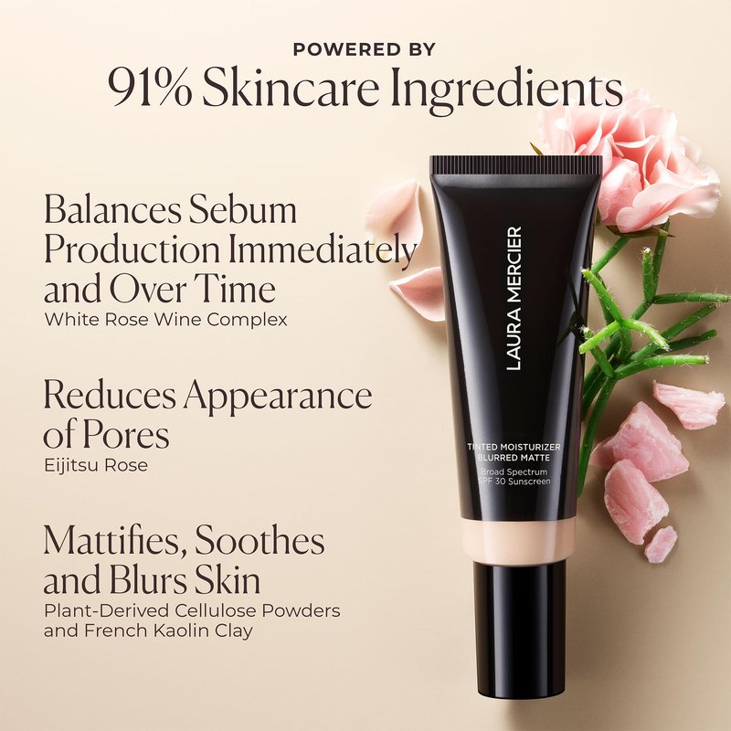 Laura Mercier Tinted Moisturizer Blurred Matte with SPF 30: 24HR+ Shine Control and Blurring, Long Lasting, Sheer to Light, Buildable Coverage, Blurs the Look of Pores, Skin Tint, 2C Oak