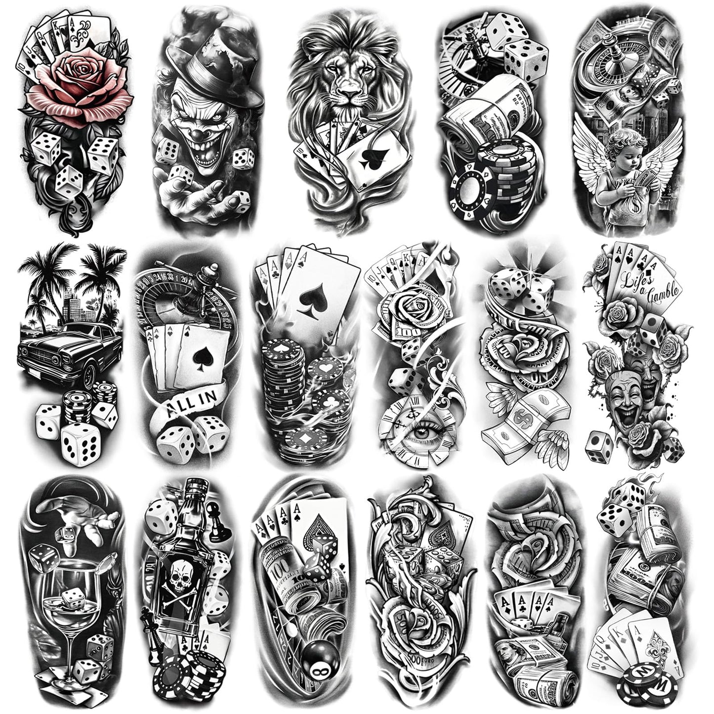Casino Temporary Tattoos (77 Sheets), Fake Tattoo for Adults and Kids, Waterproof Fake Body Tattoo Stickers for Halloween, Parties, Cosplay, Casino Night - Realistic Poker/Dice/Skull/Chicano Designs