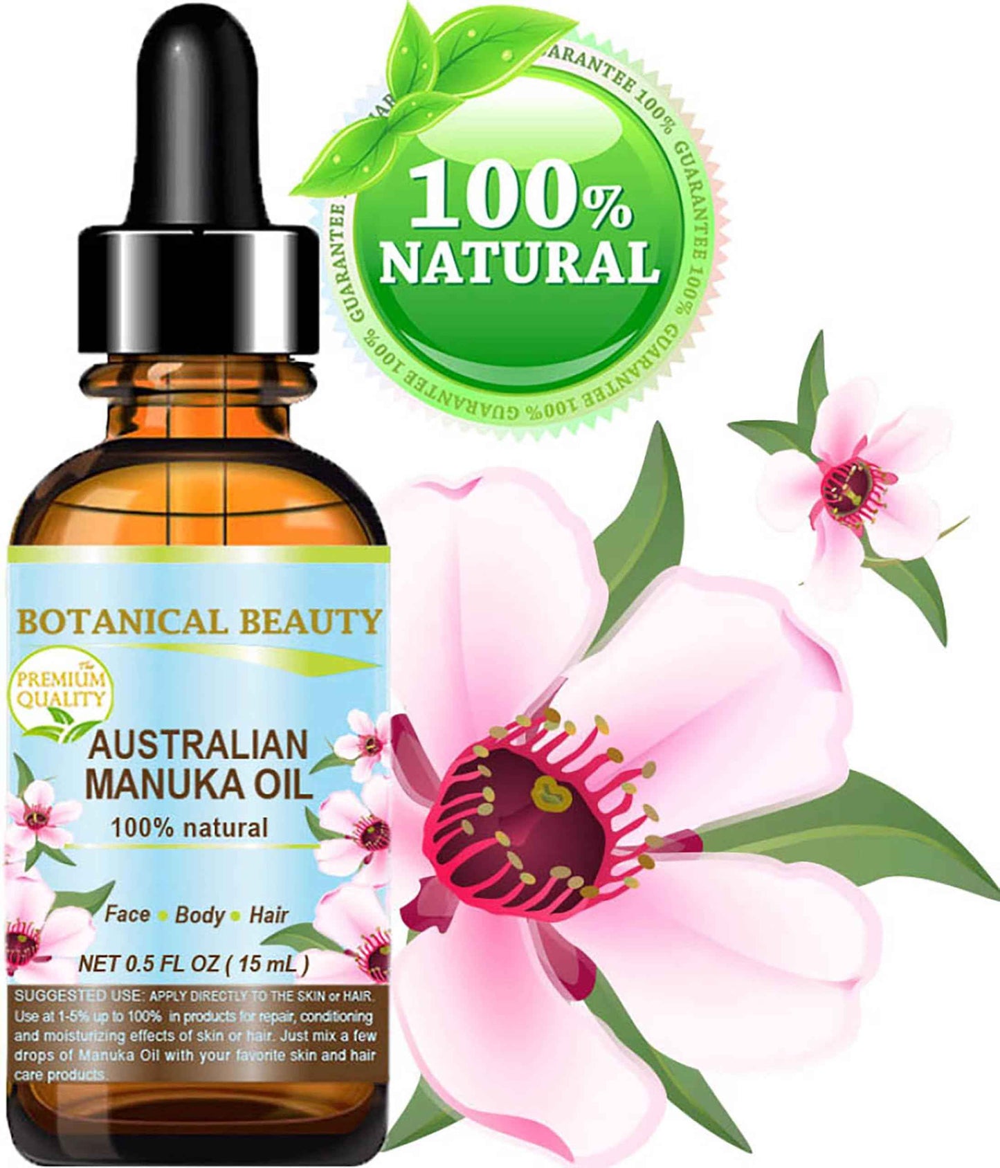 Botanical Beauty MANUKA OIL WILD GROWTH RAW 100% Natural VIRGIN UNREFINED Cold Pressed Carrier Oil. for Skin, Face, Hair, Lip and Nail Care Anti-Aging 0.5 Fl Oz - 15 ml