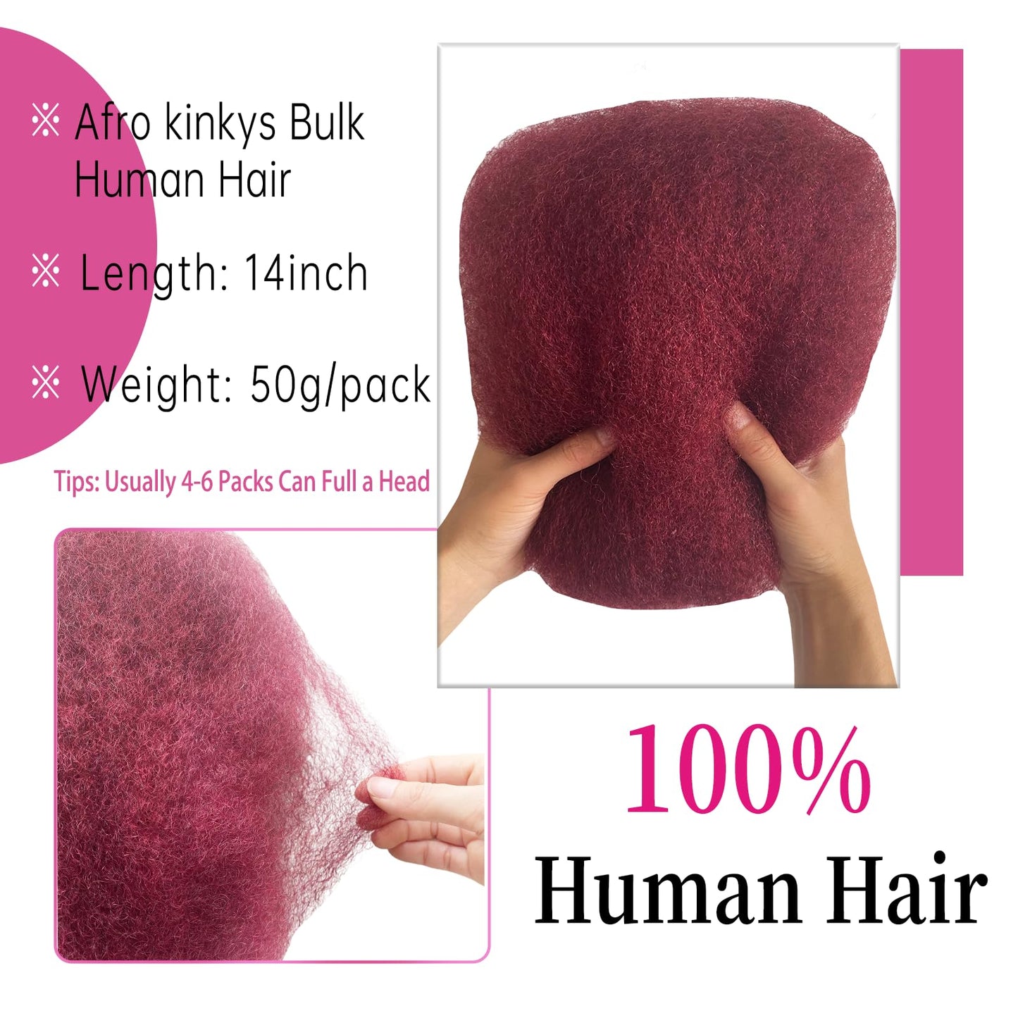 Afro Kinkys Bulk Human Hair For Braiding Afro Kinky-Curly Human Hair Bulk For Mini Twist Hair 14Inchs 50g/pack Bulk Human Braiding Hair For Micro Locs Extensions (99J, 14Inchs,50g/pack)
